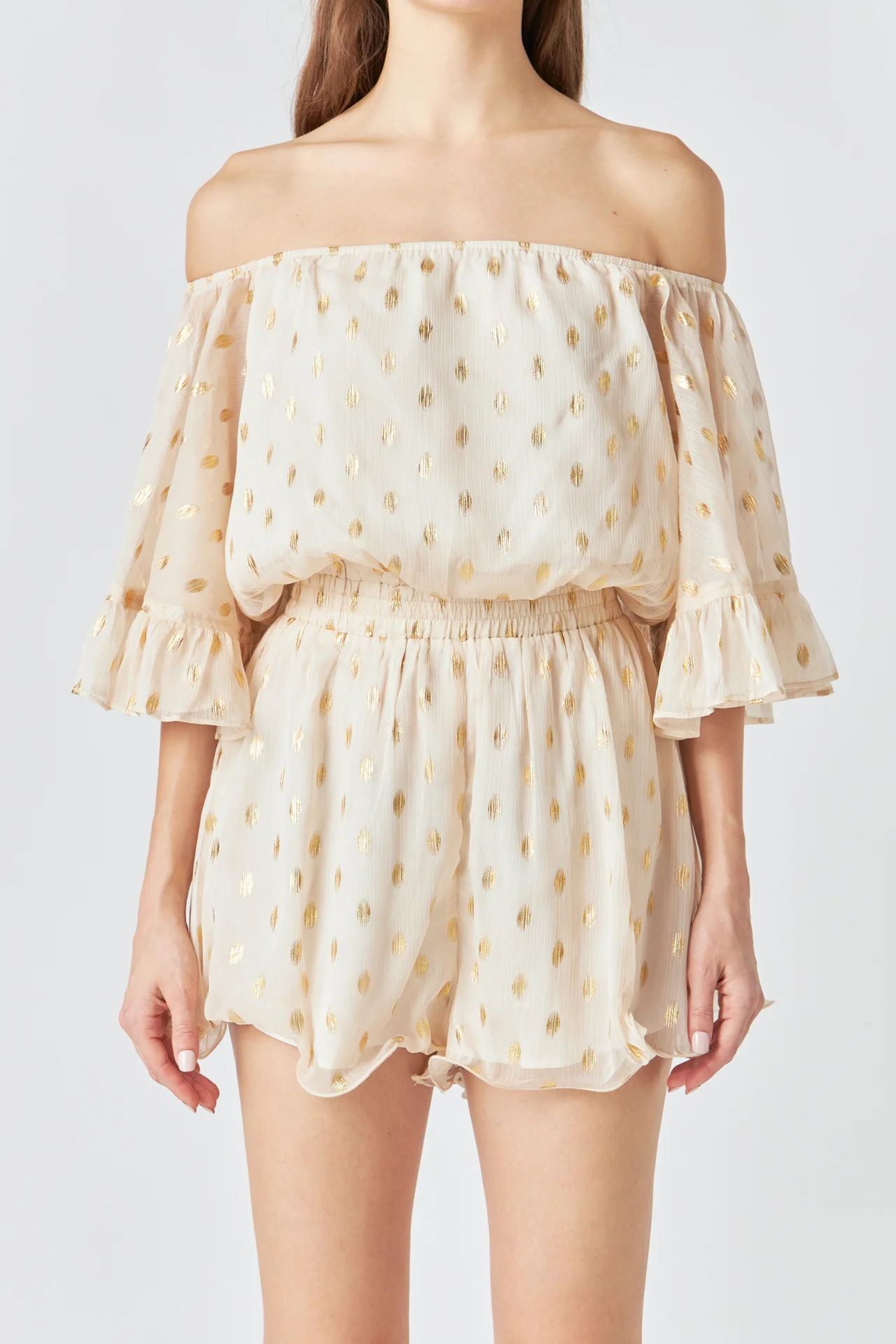 Foil Print Off-Shoulder Romper