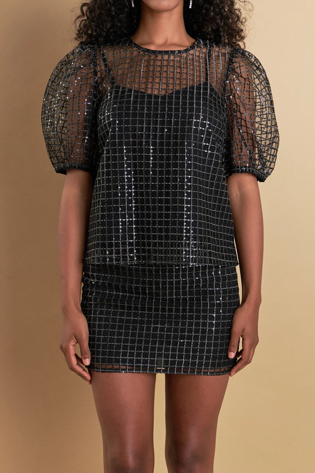 Sequins Mesh Grid Top