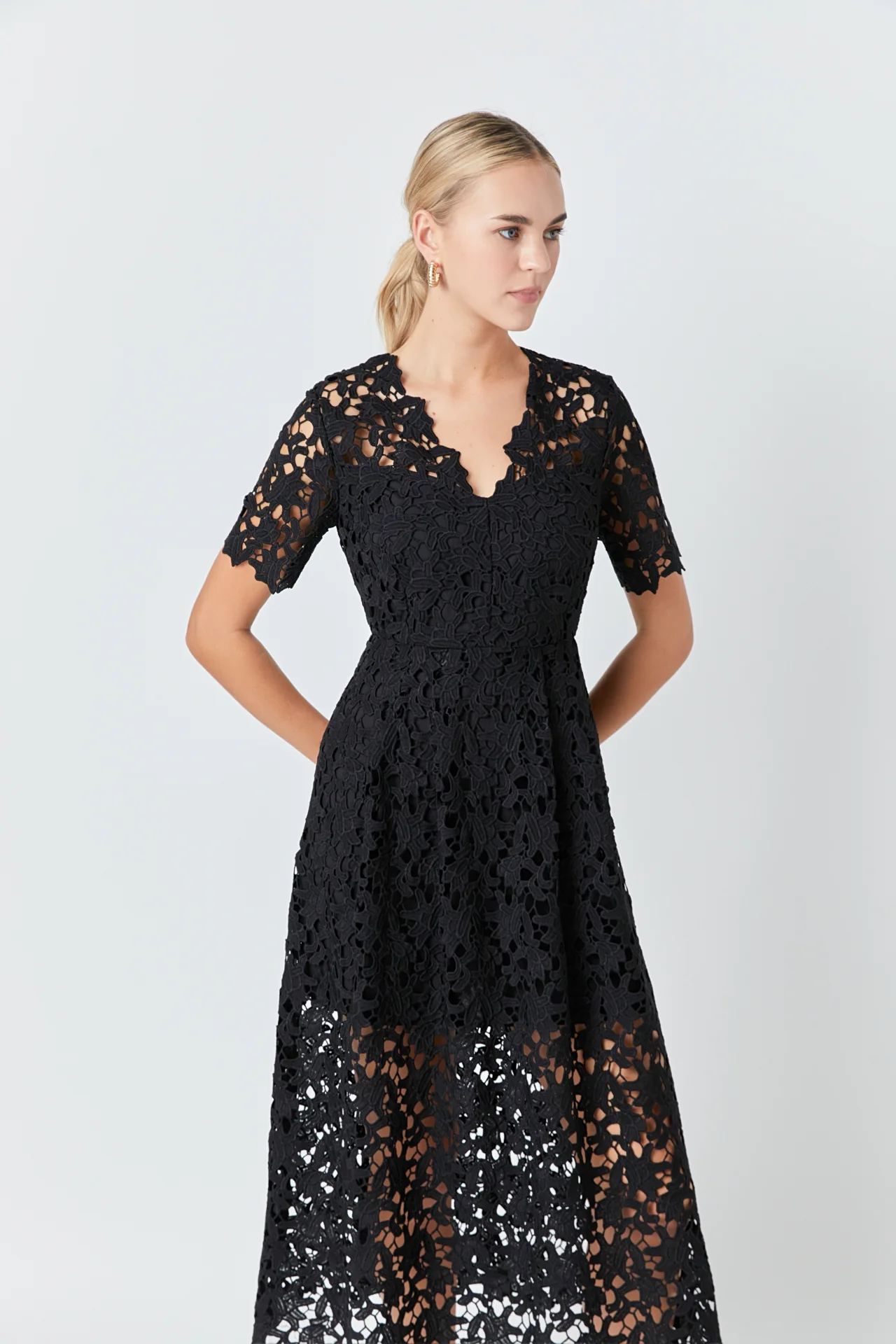 All Over Lace Short Sleeves Midi Dress