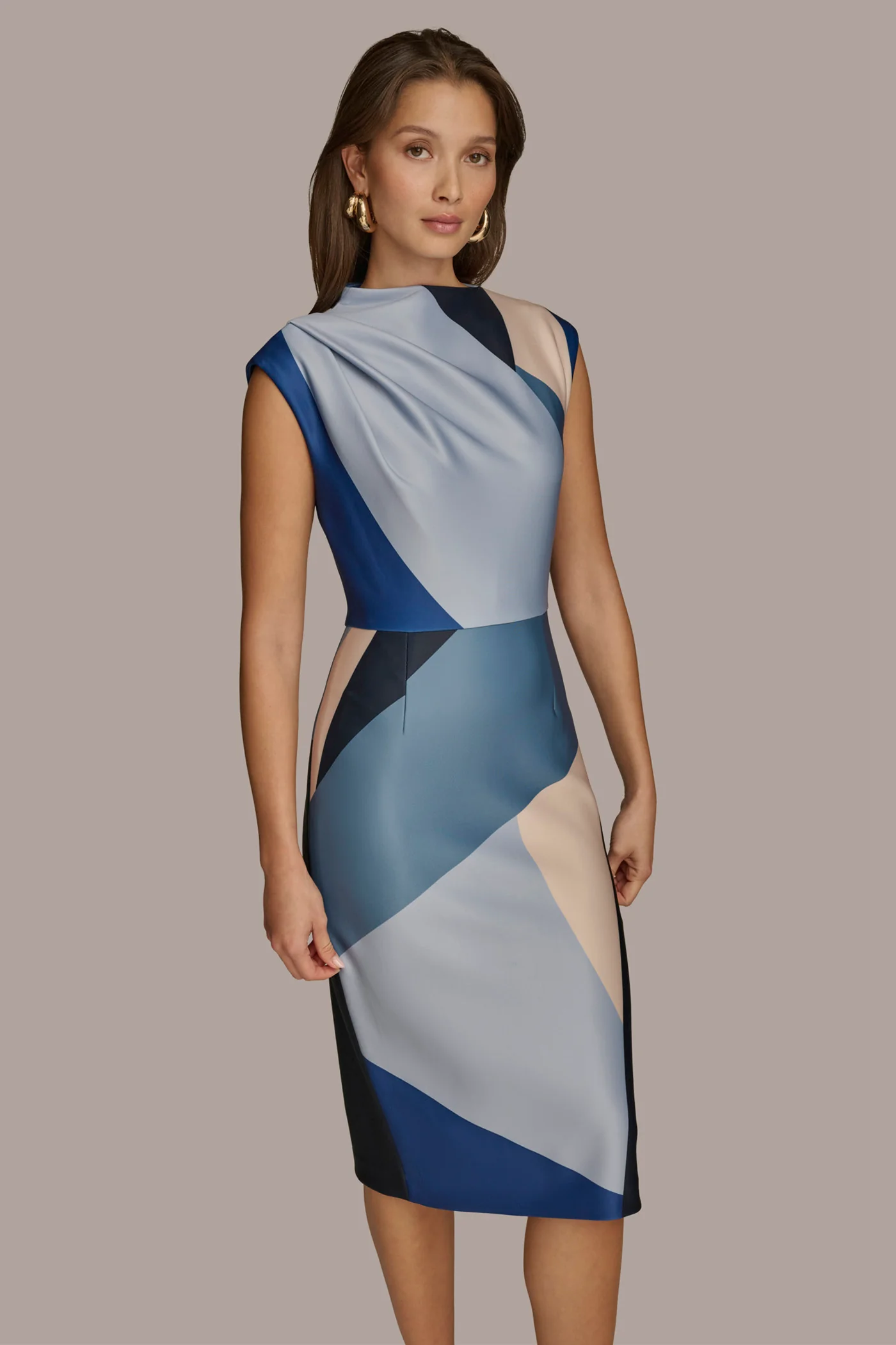ASYMMETRICAL NECK GEOMETRIC MIDI DRESS