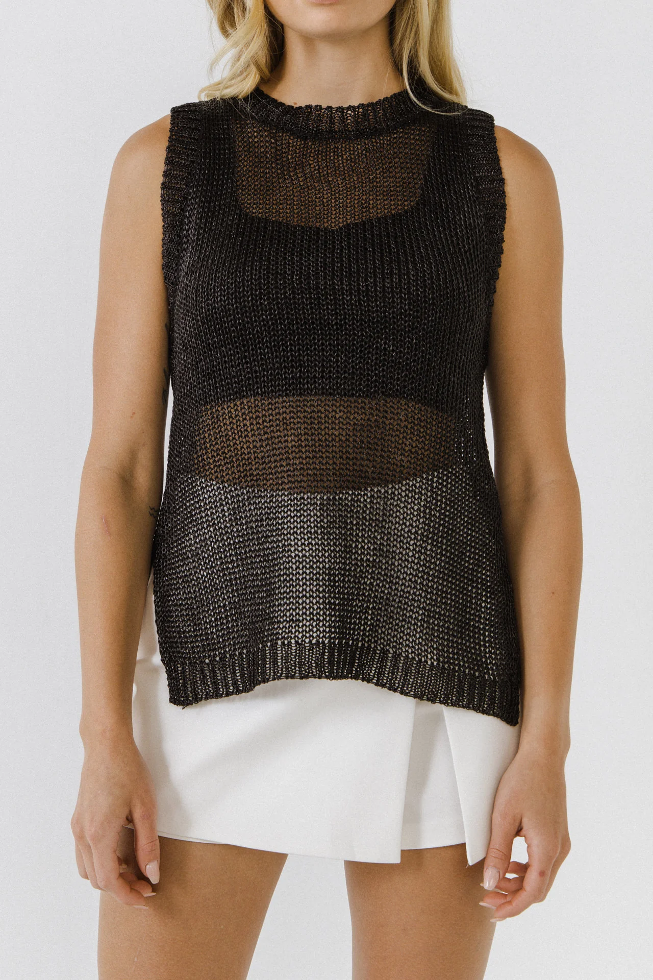Sleeveless Knit Sheer Top With Back Keyhole