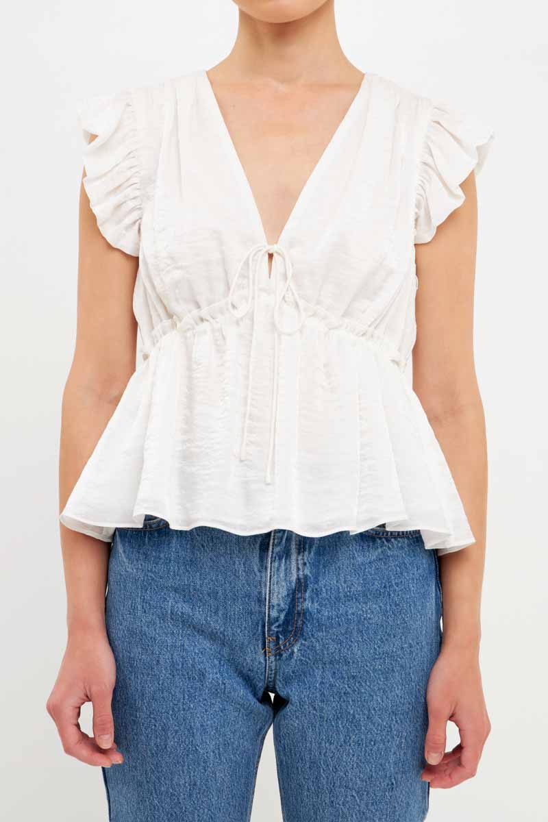 Light Sheen Woven Front Tie Top