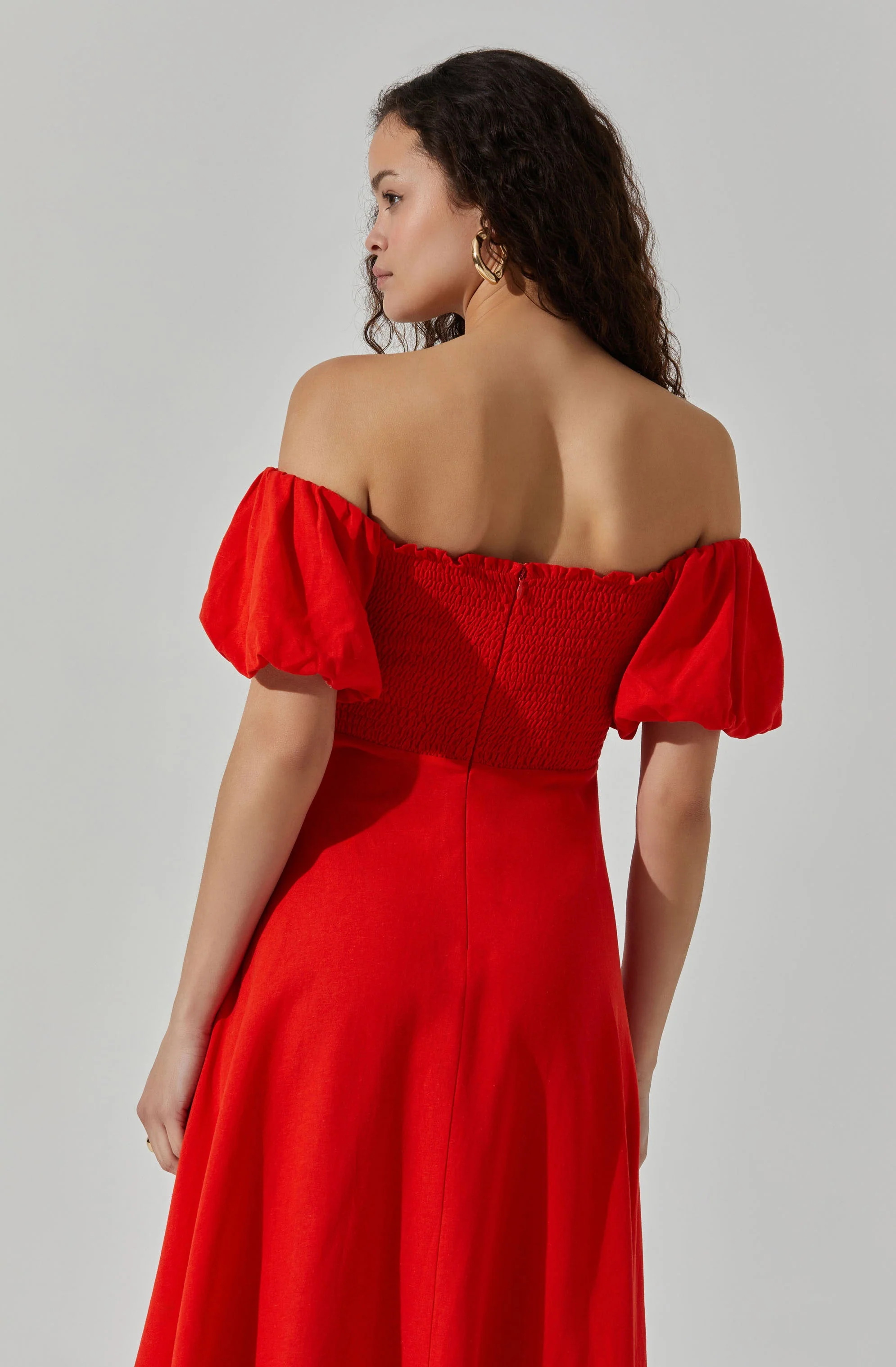 Off Shoulder Puff Sleeve Midi Dress