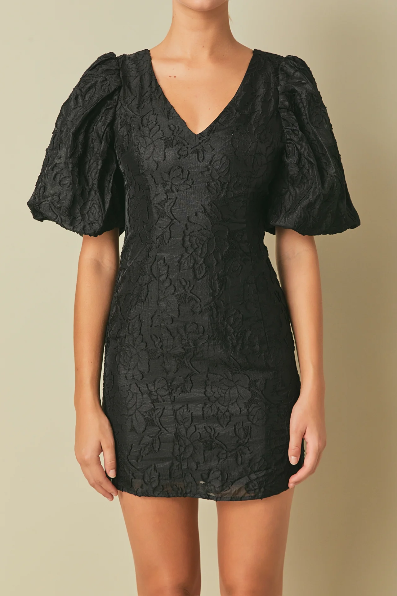 Floral Jacquard Puff Sleeve Mini Dress
