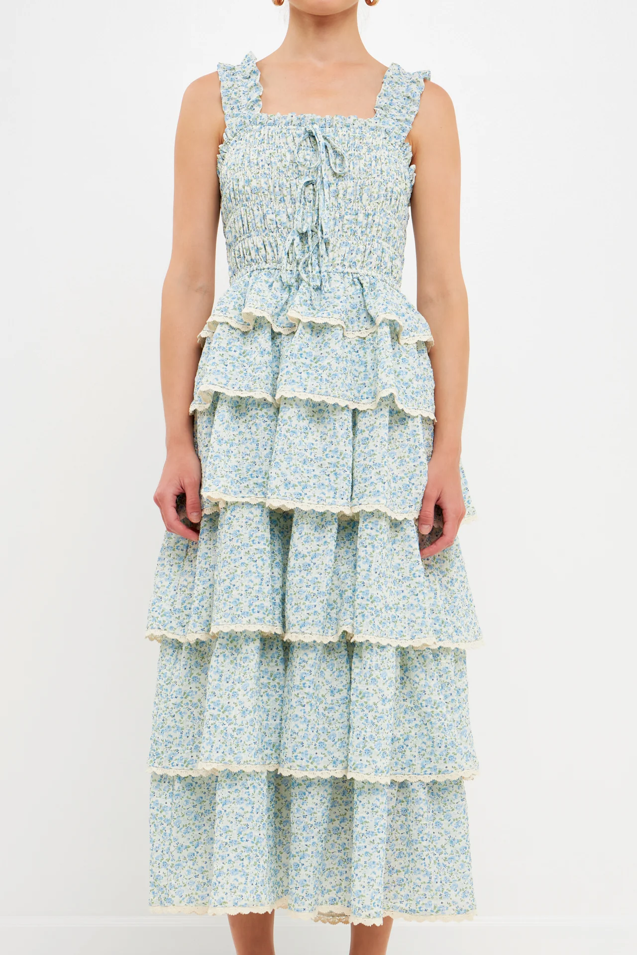 Gridded Texture Floral Smocked Tiered Maxi Dress