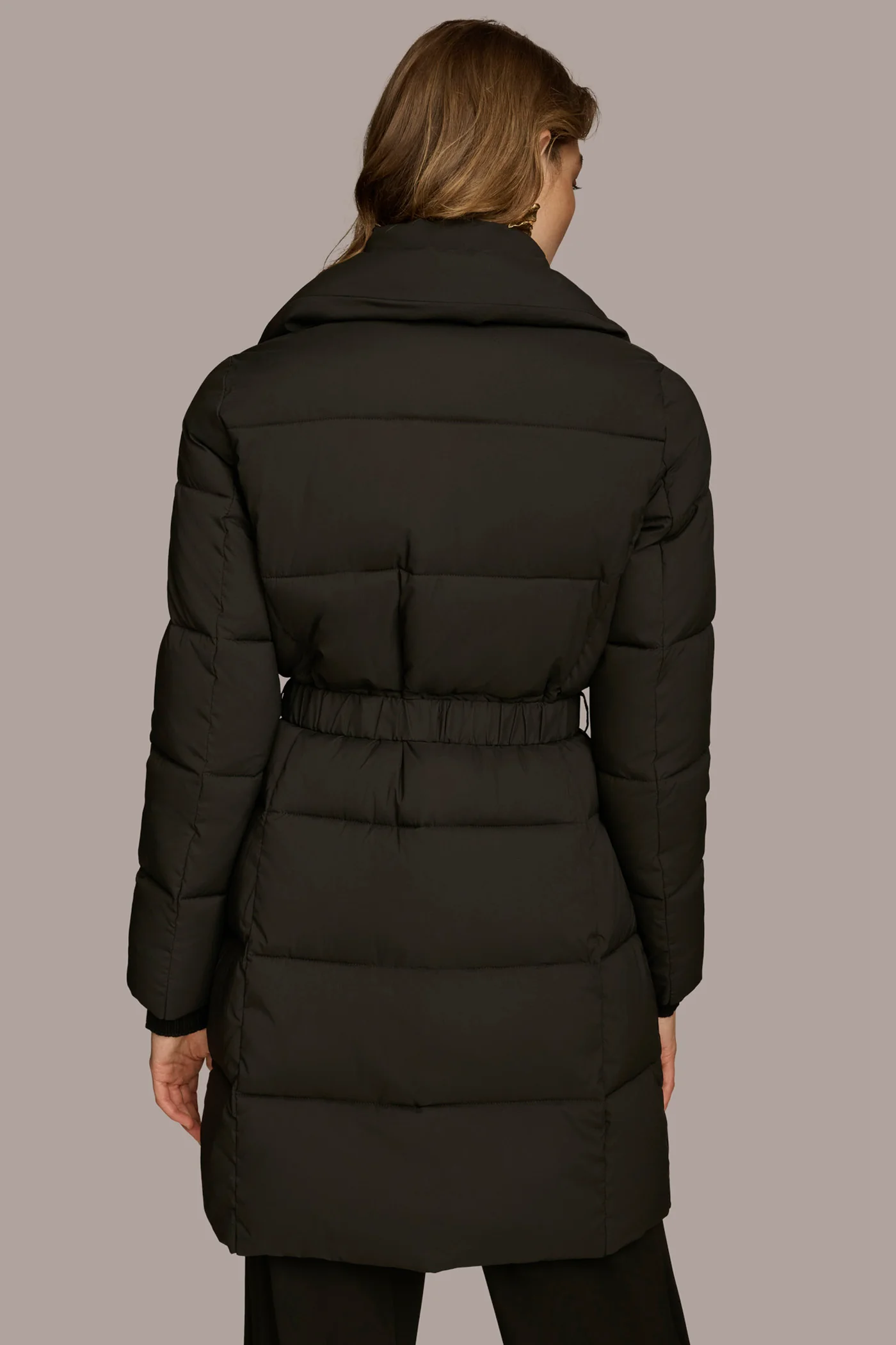 Long Hooded Bib Front Belted Puffer Coat
