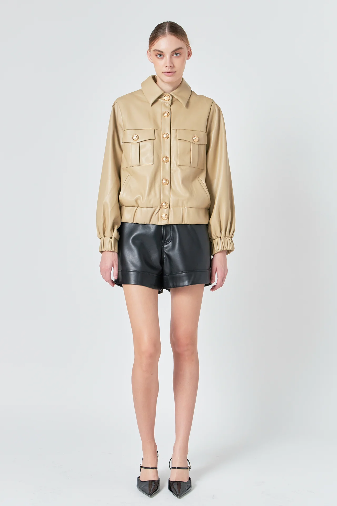 Faux Leather Jacket with Gold Buttons