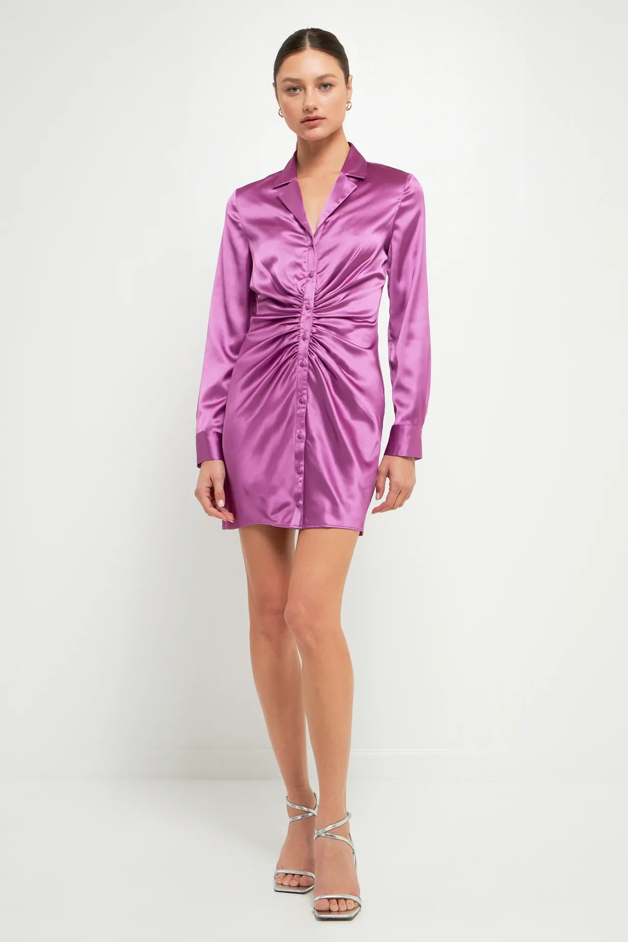 Satin Ruched Long-Sleeve Mini Dress