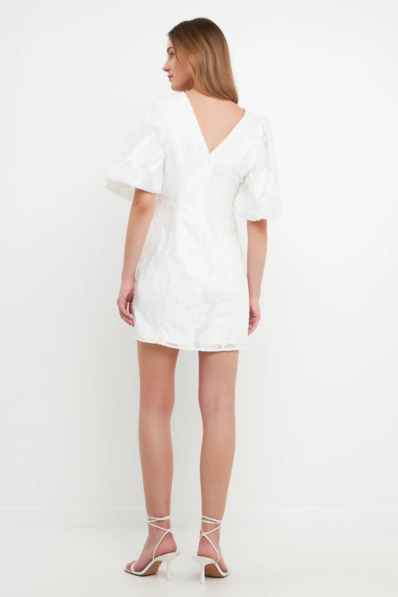 Floral Jacquard Puff Sleeve Mini Dress