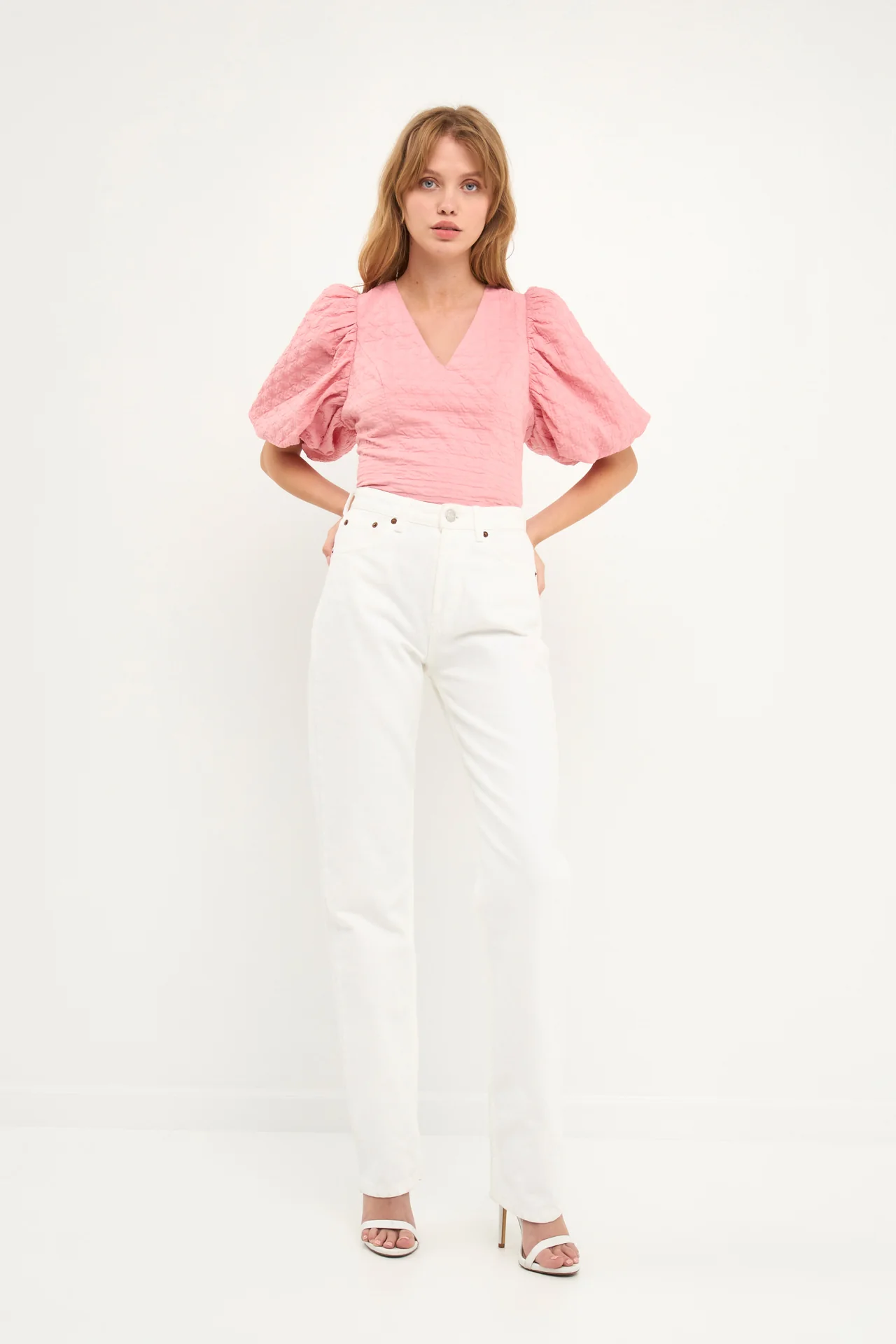 Puff Sleeve Check Jacquard Top