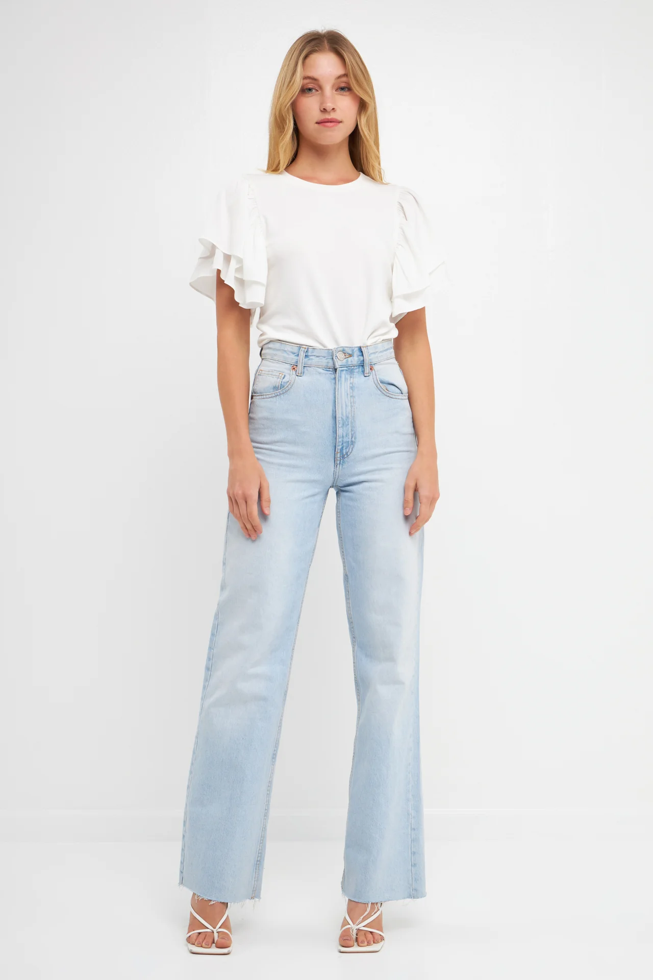 Double Layers Ruffle Sleeve Crew Neck Top