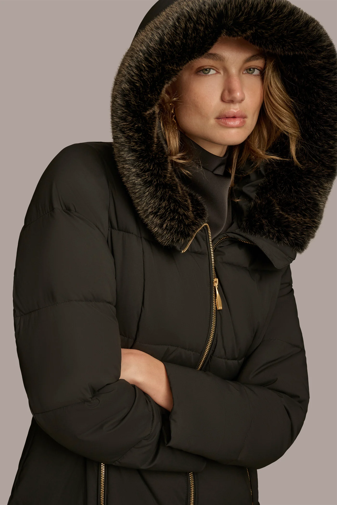 Long Hooded Puffer Coat with Faux Fur Trim