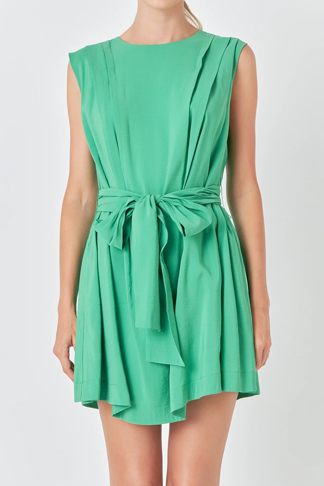 Pintuck Shoulder Belted Mini Dress