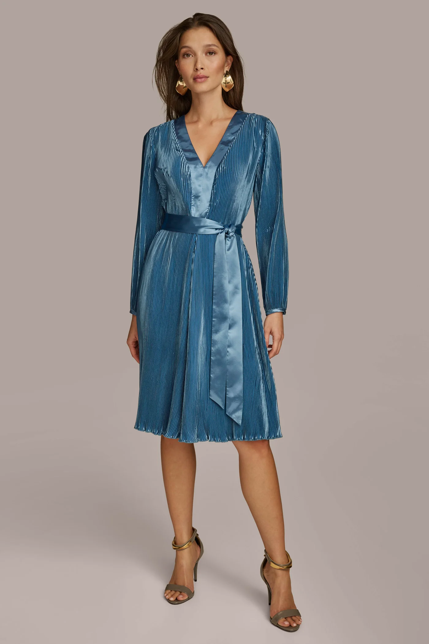 CRYSTAL PLEATED A LINE DRESS