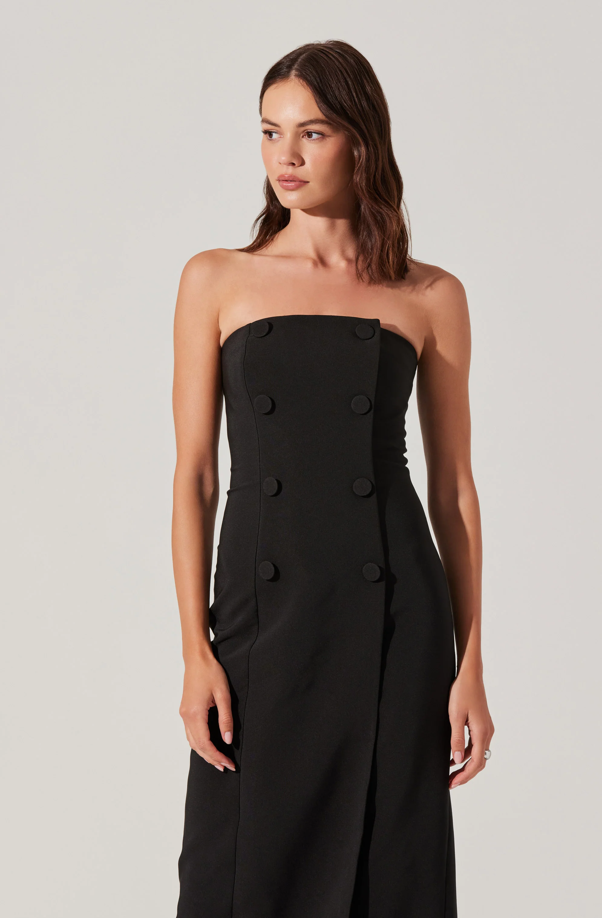 Strapless Double-Breasted Midi Dress