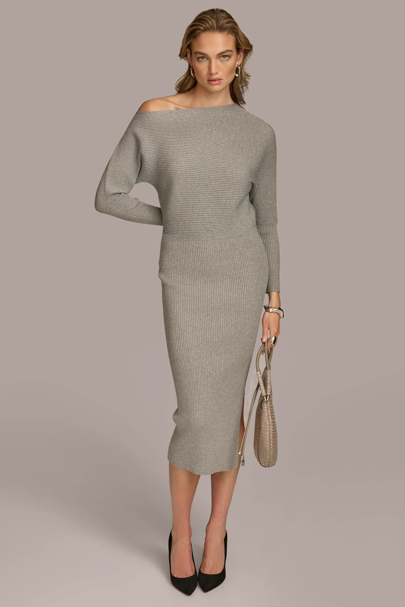 ONE SHOULDER SWEATER MIDI DRESS