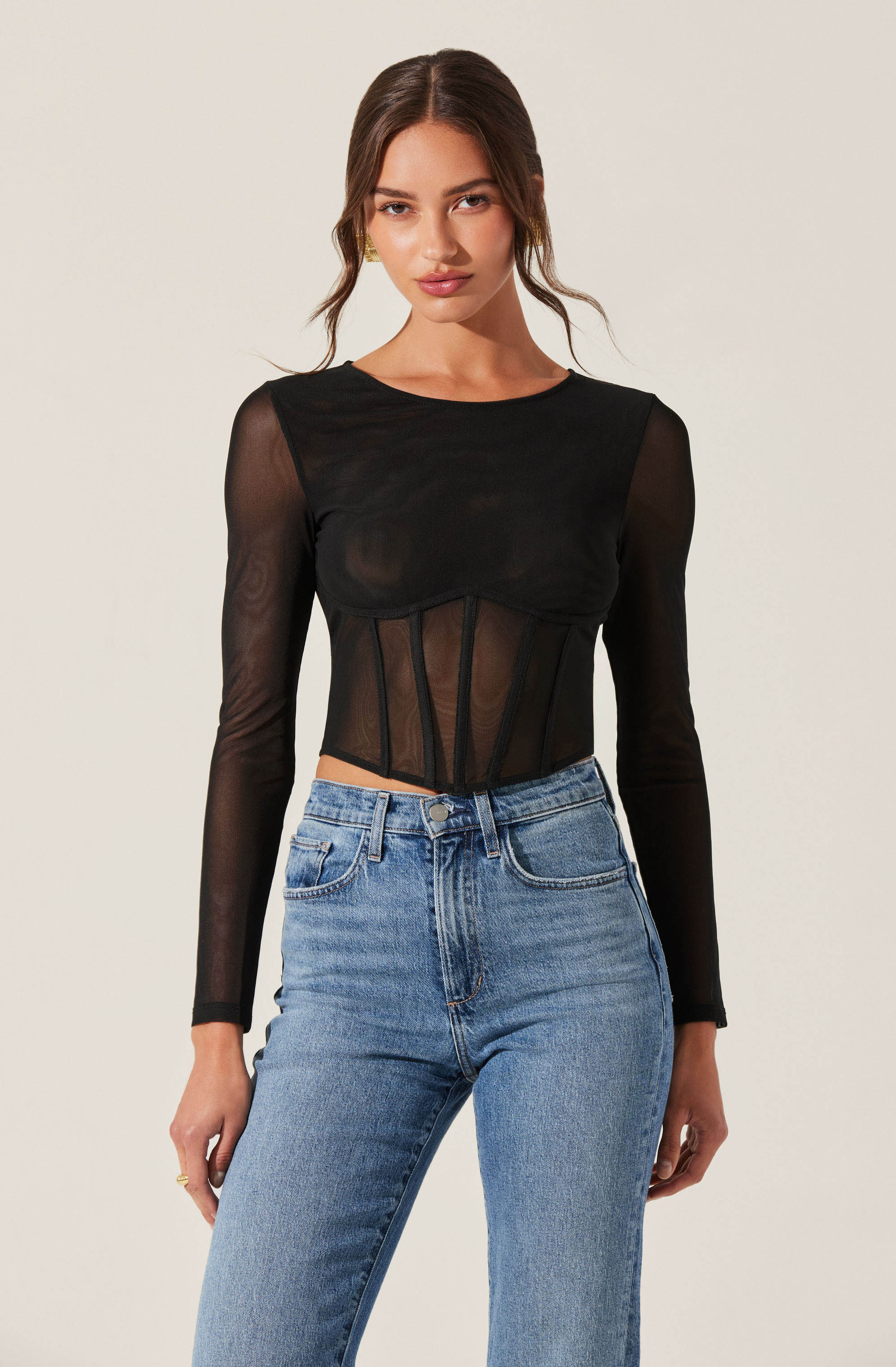 Long Sleeve Mesh Corset Top