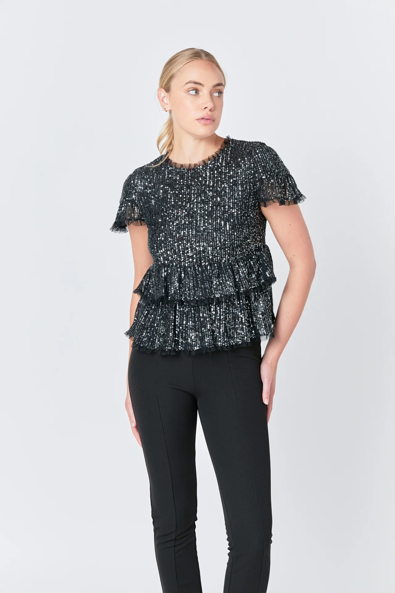 Sequins Baby Doll Top with Mesh
