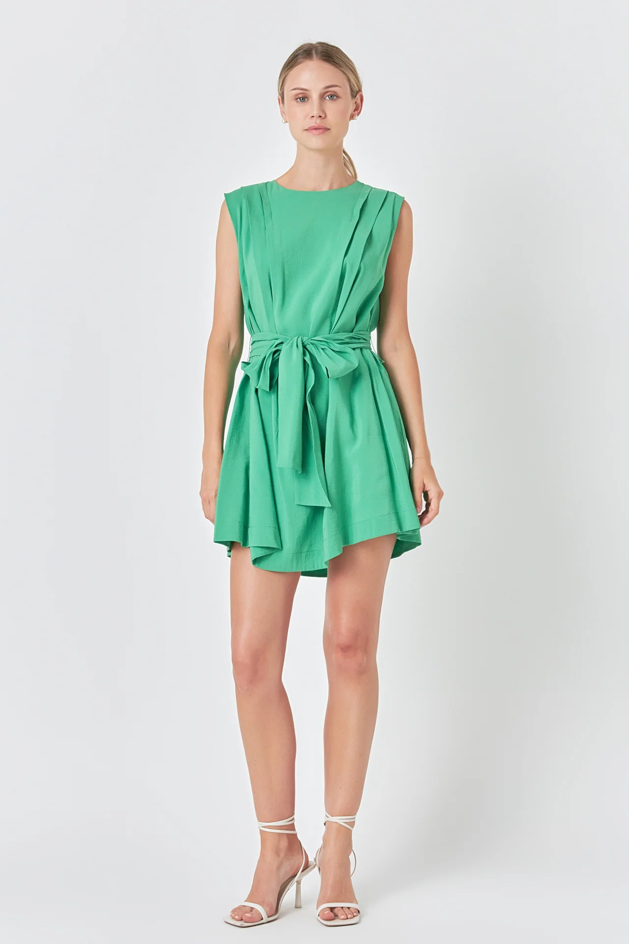 Pintuck Shoulder Belted Mini Dress