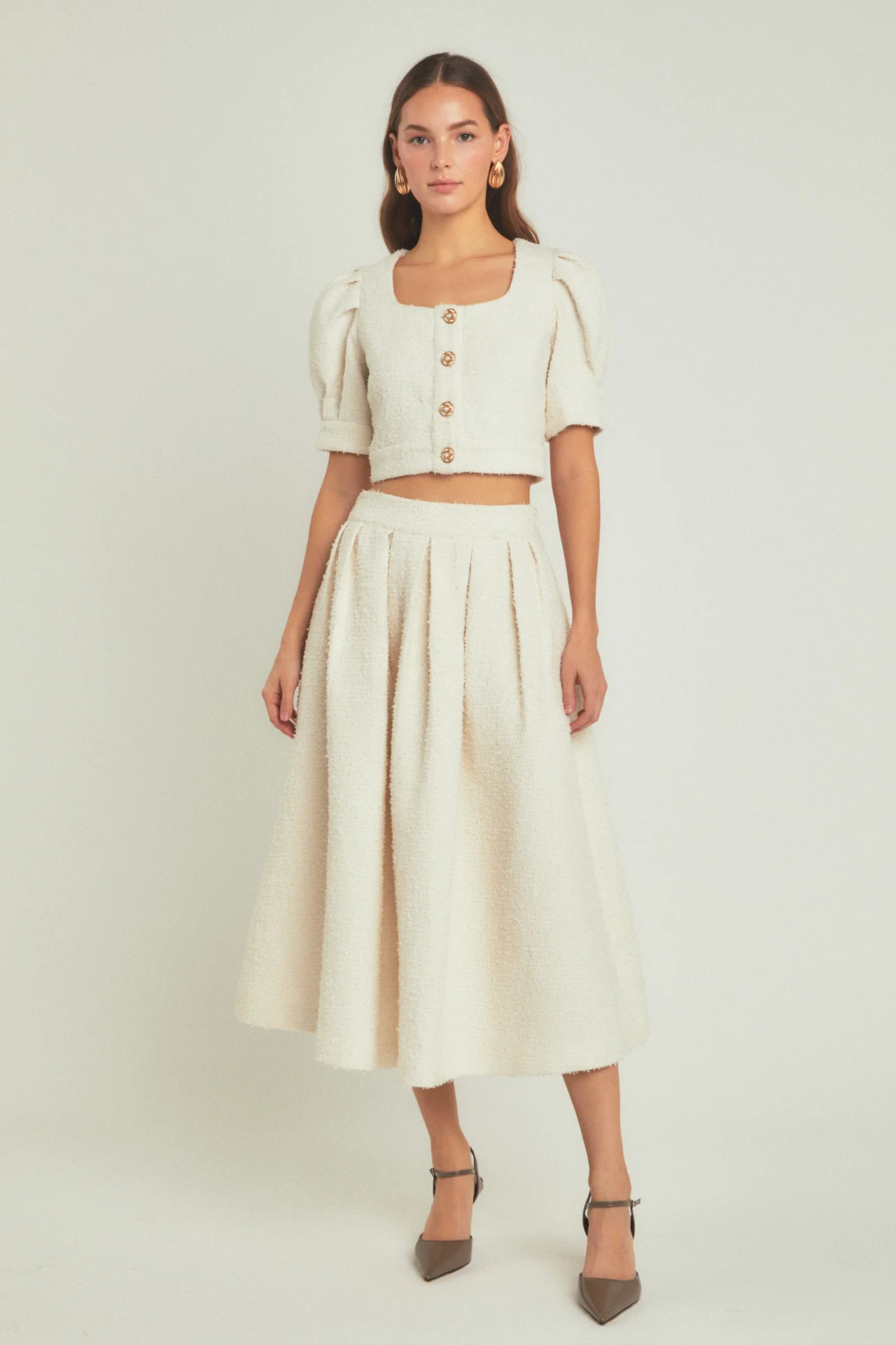 Premium Cropped Tweed Puff Sleeve Top