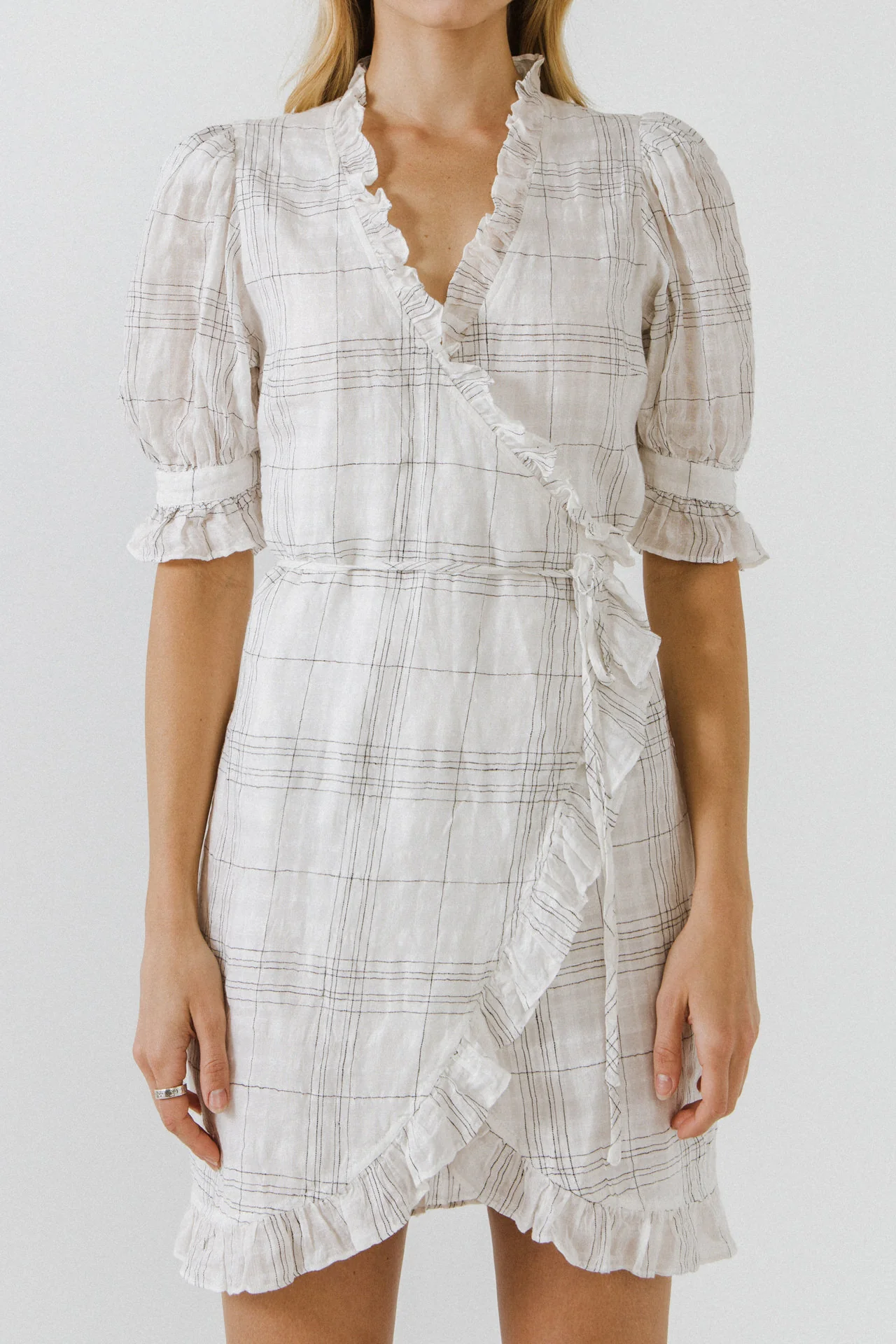 Check Print Linen Wrap Dress