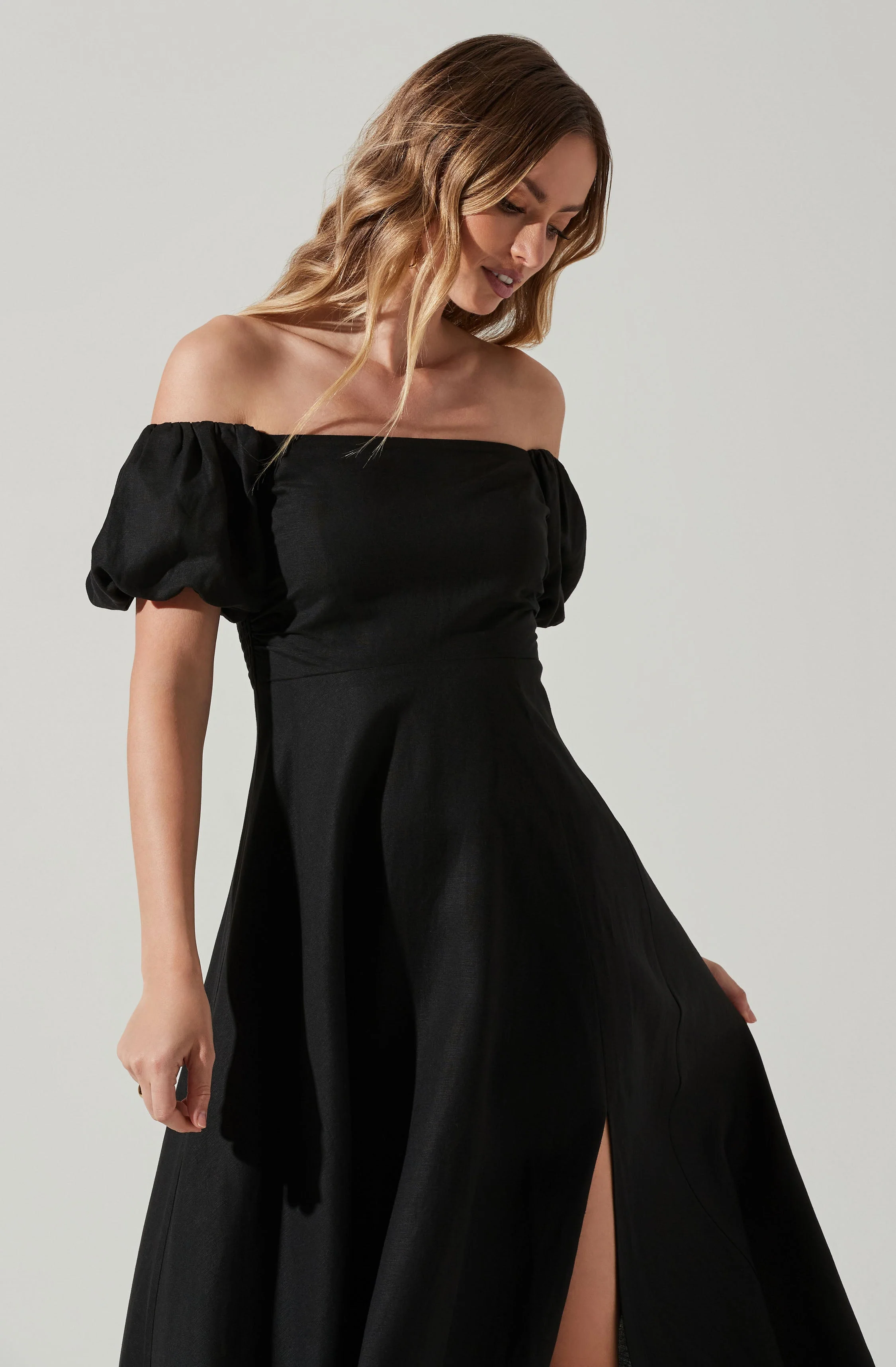 Off Shoulder Puff Sleeve Midi Dress