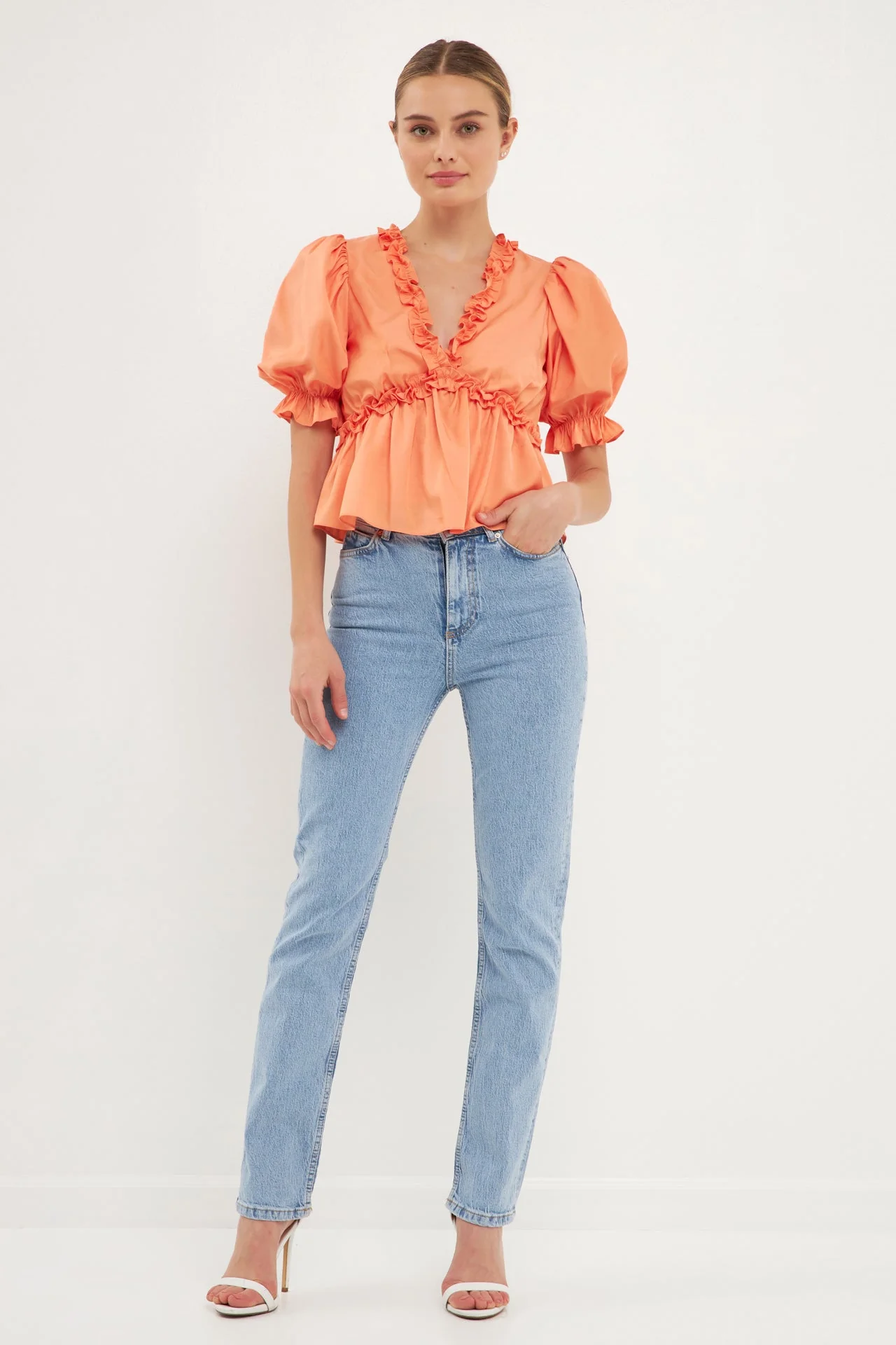Ruffle Detail Top with Puff Sleeves