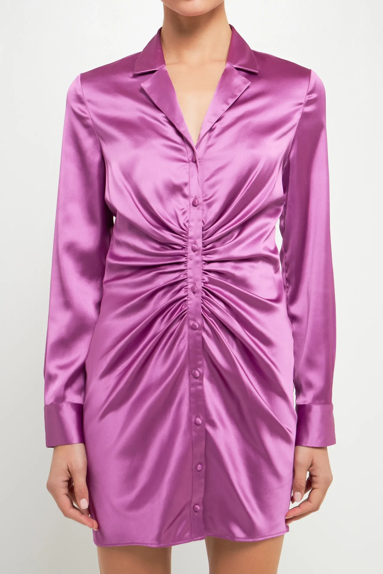 Satin Ruched Long-Sleeve Mini Dress