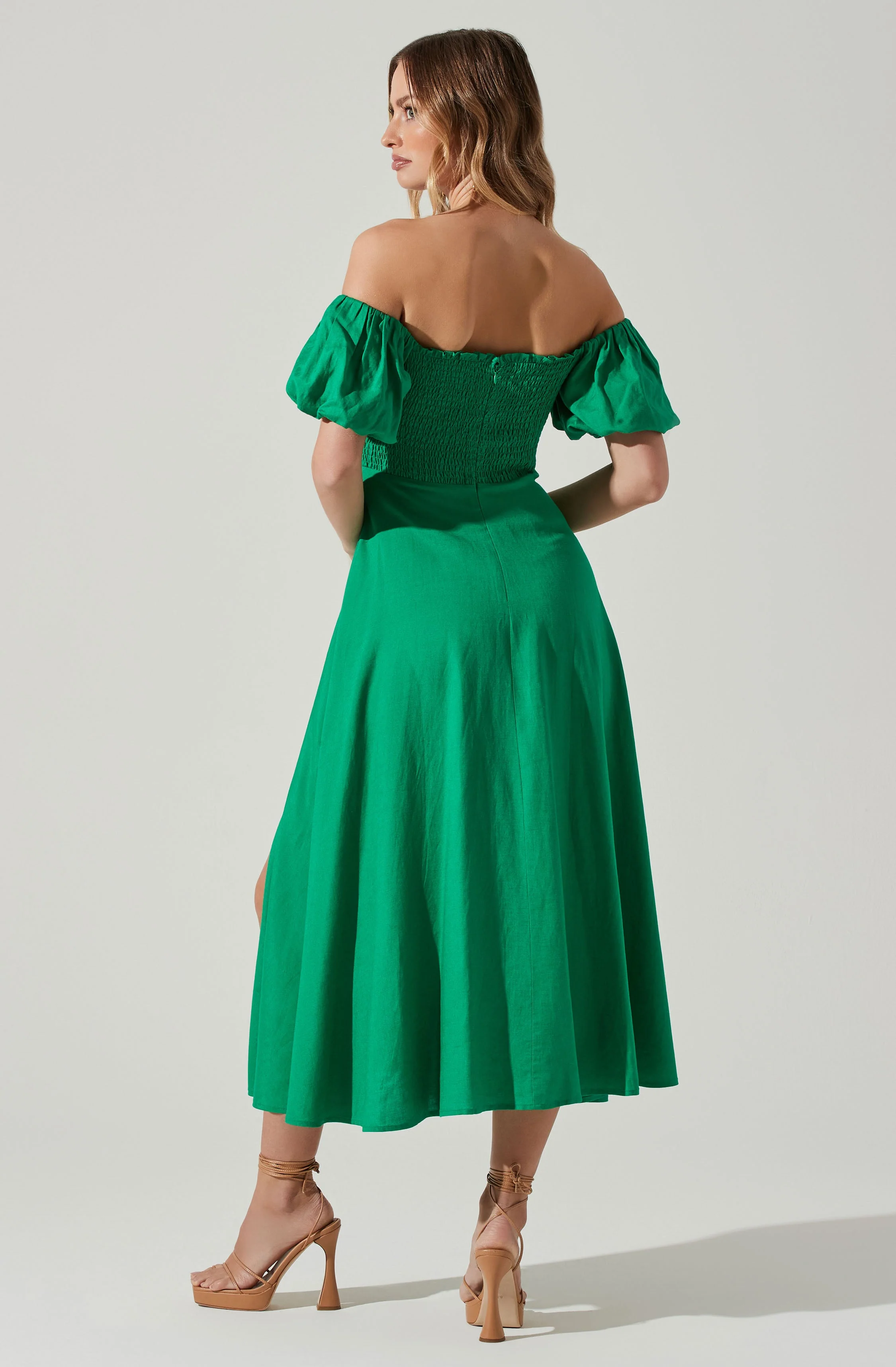 Off Shoulder Puff Sleeve Midi Dress