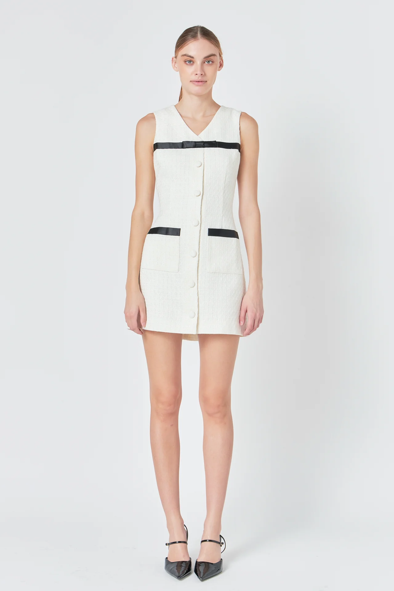 Satin Bow Tweed Shirt Dress