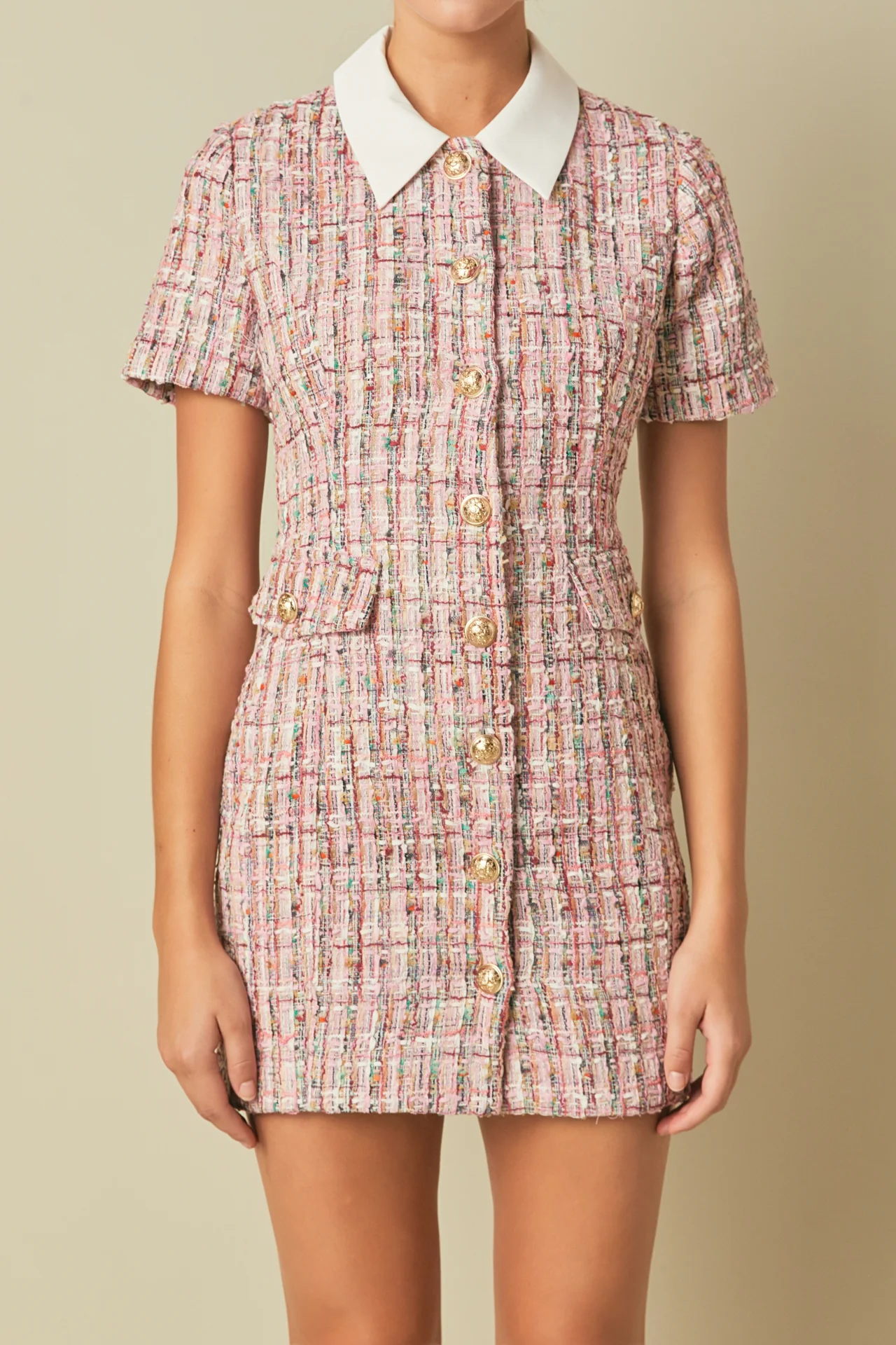 Multi Tweed Collared Short Sleeve Dress
