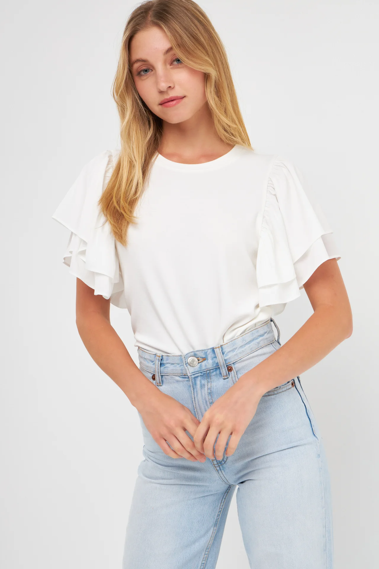 Double Layers Ruffle Sleeve Crew Neck Top