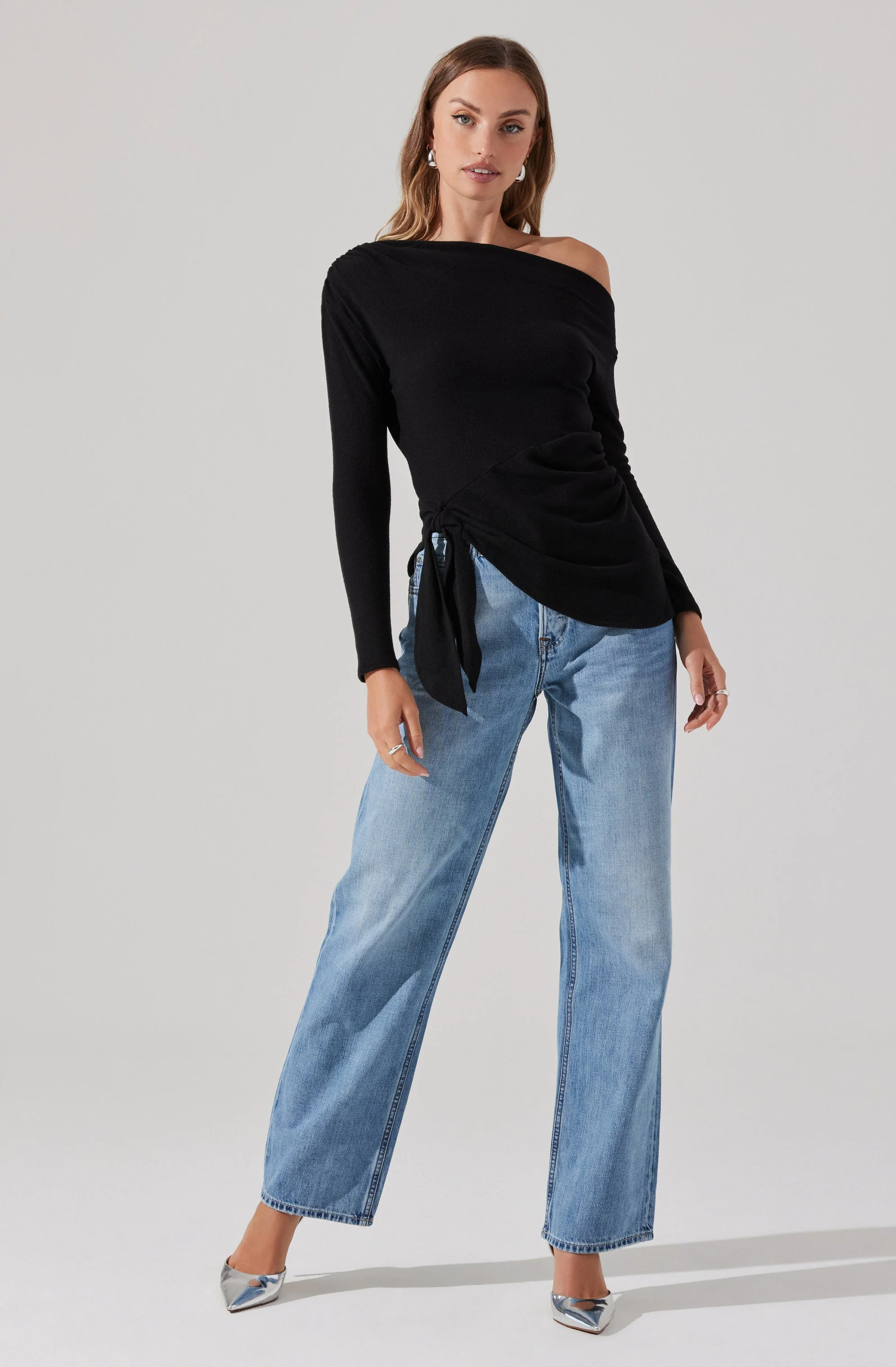 Asymmetrical Off Shoulder Tie Knit Top