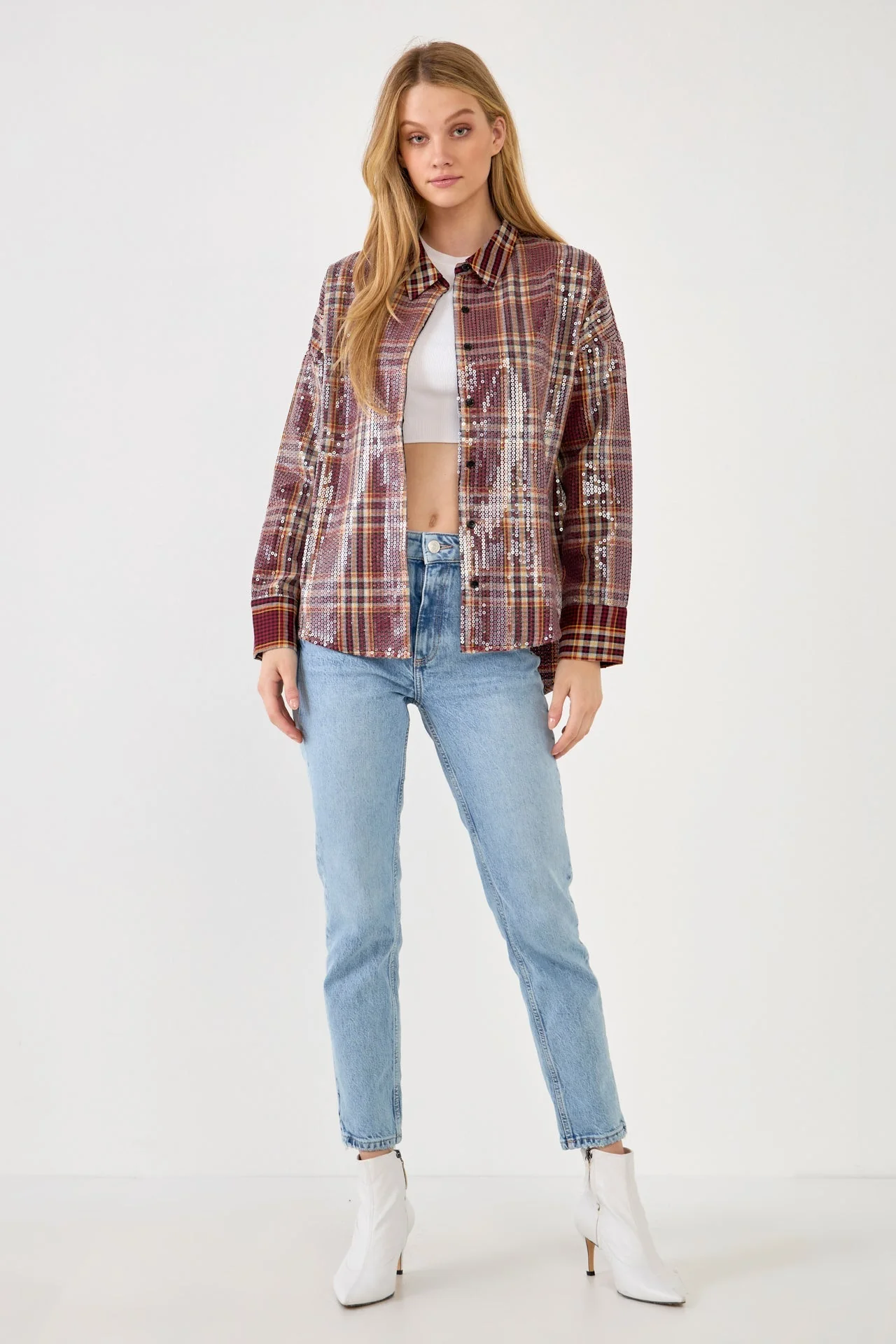 Check Patterned Sequin Shirt