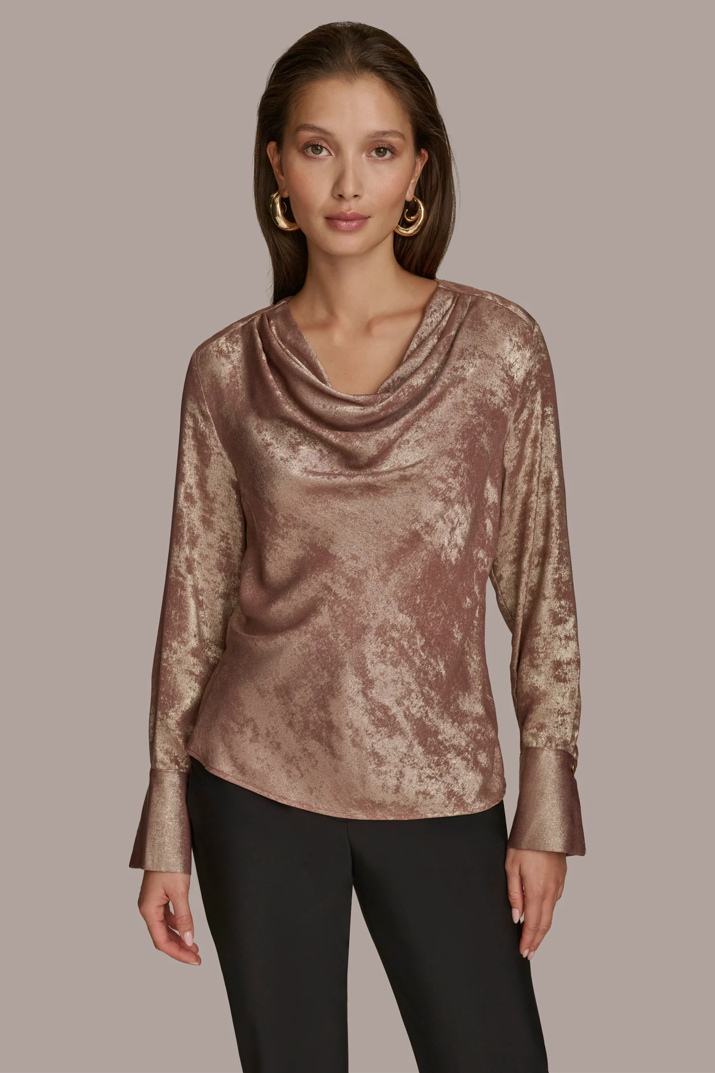 METALLIC COWL NECK TOP
