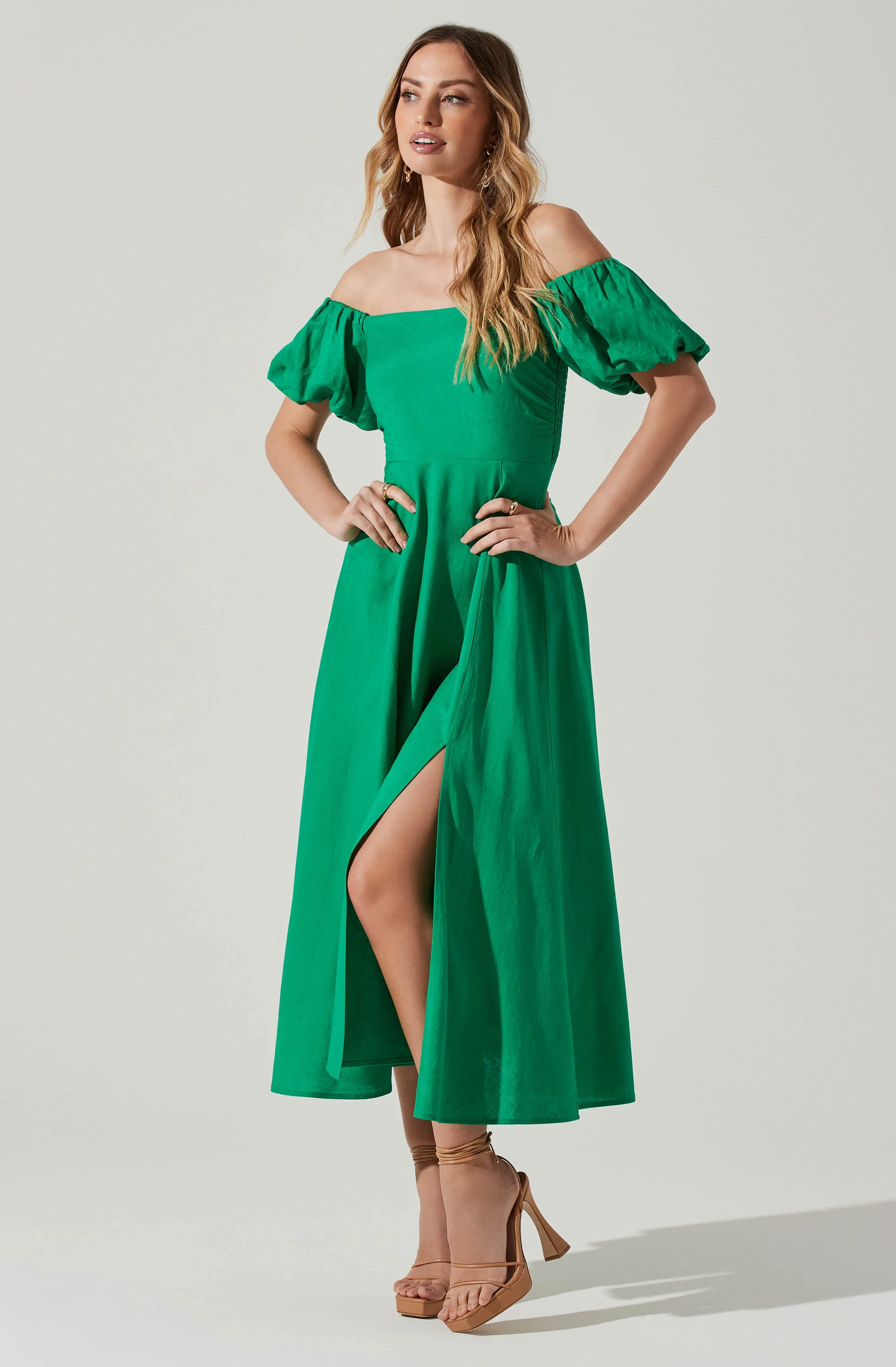 Off Shoulder Puff Sleeve Midi Dress