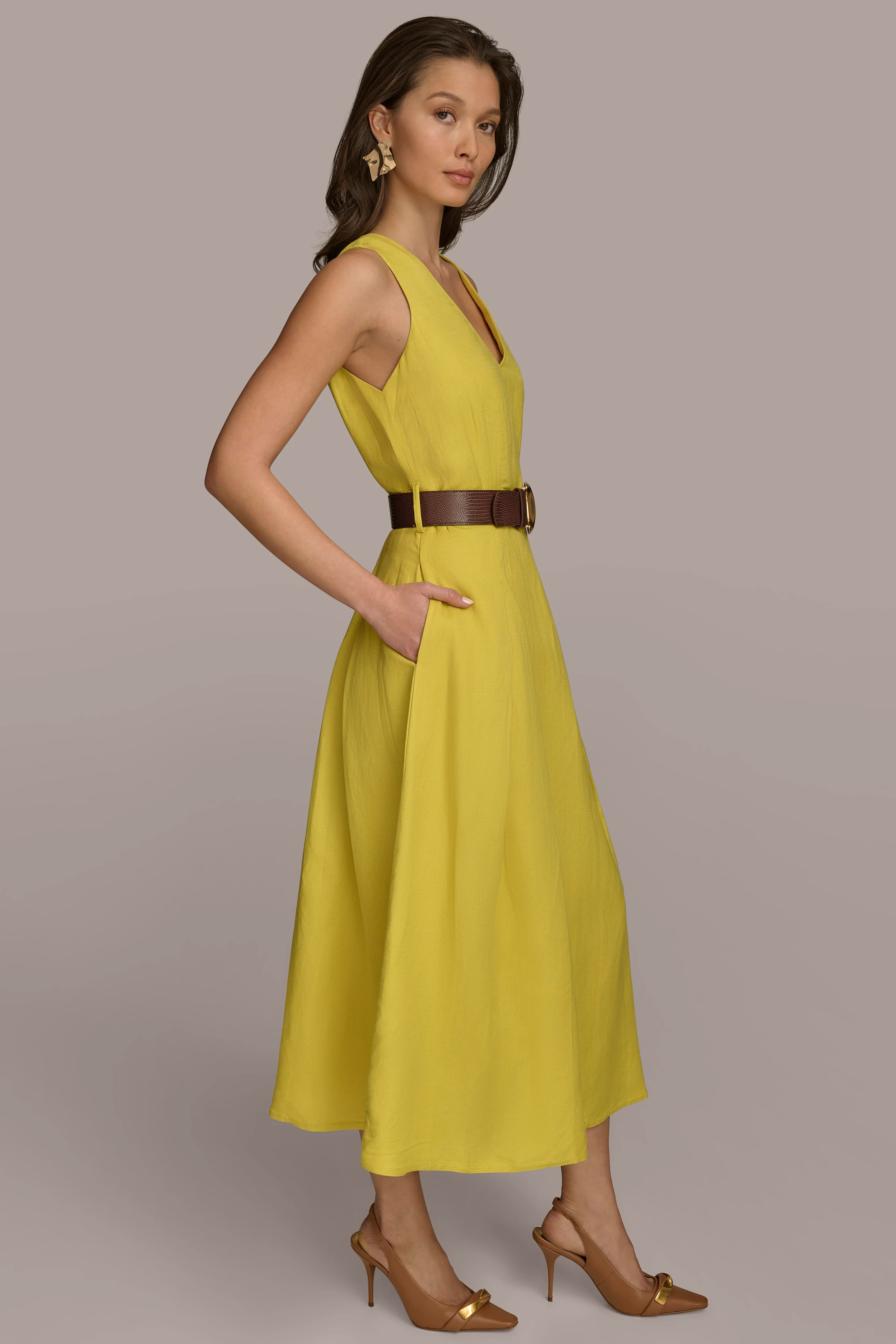 LINEN BELTED A LINE DRESS