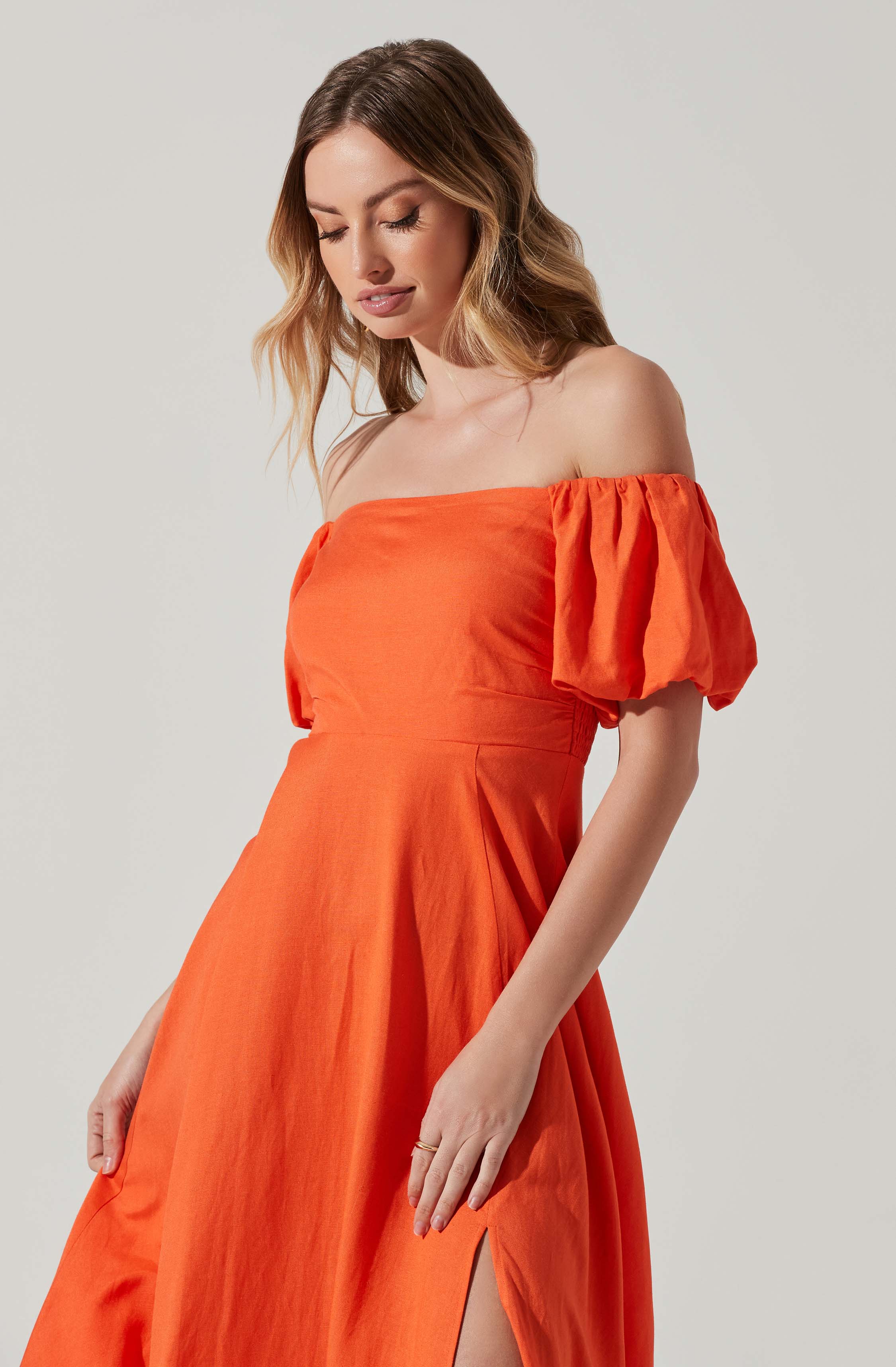 Off Shoulder Puff Sleeve Midi Dress