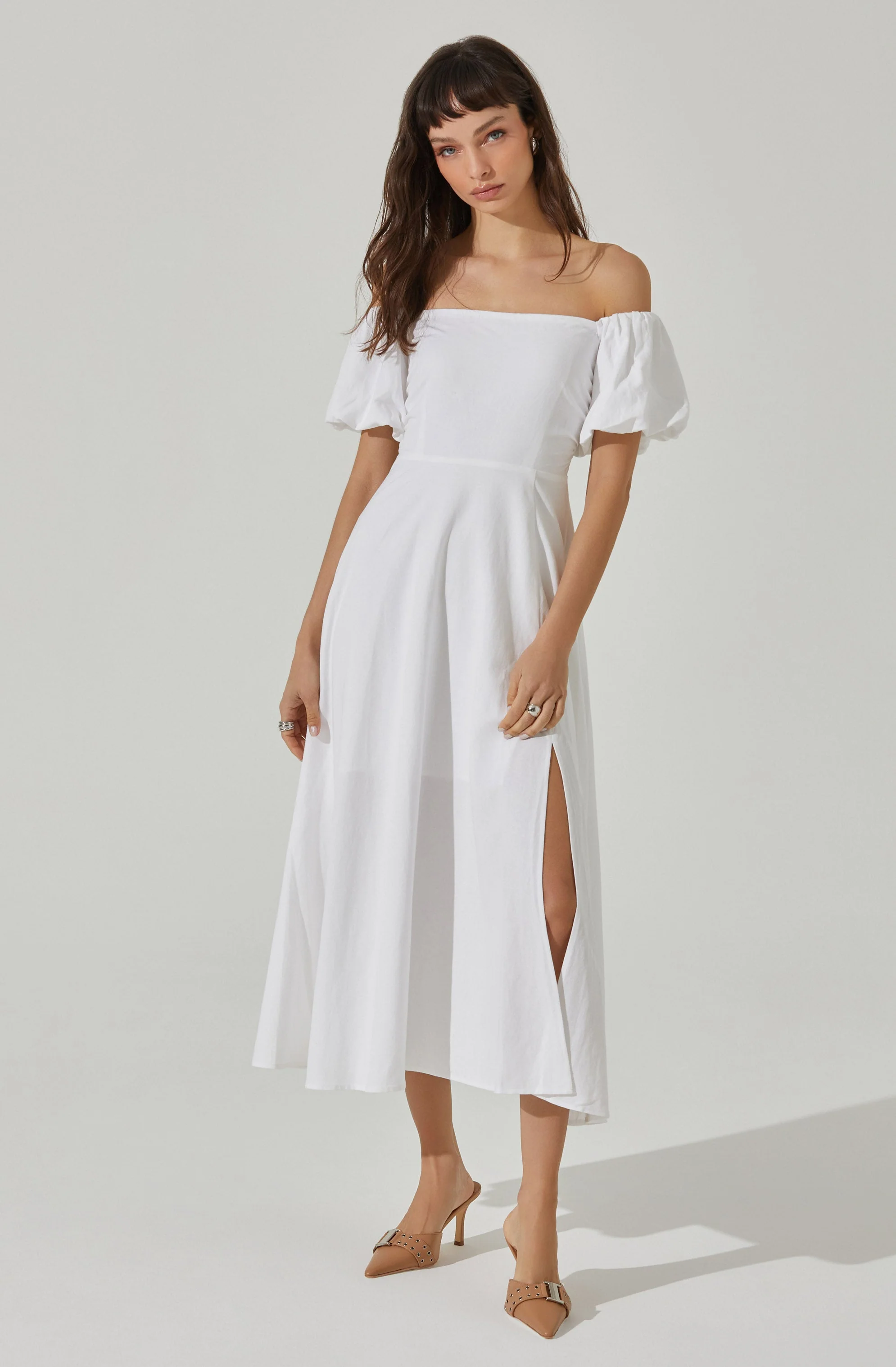 Off Shoulder Puff Sleeve Midi Dress