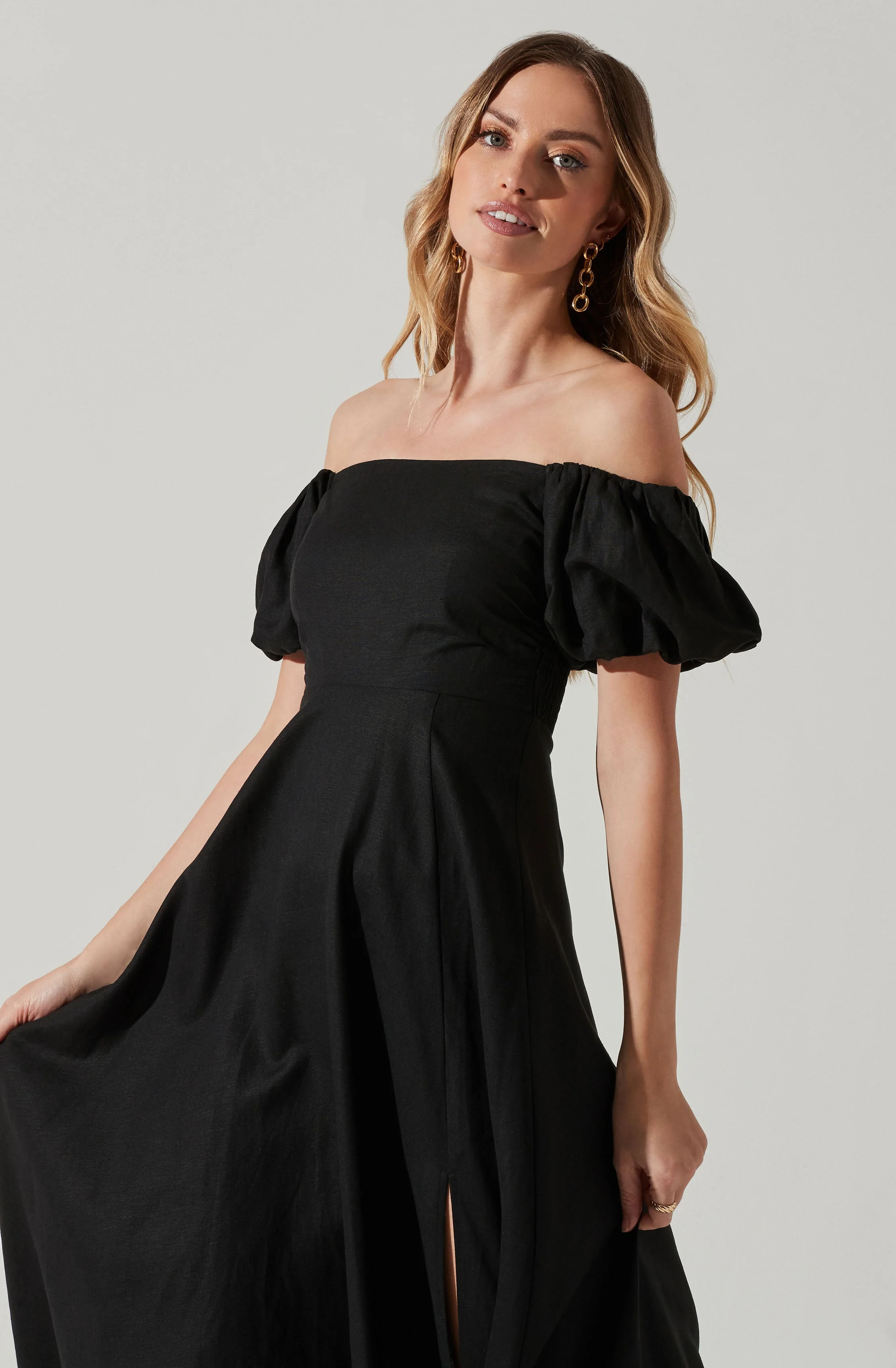 Off Shoulder Puff Sleeve Midi Dress