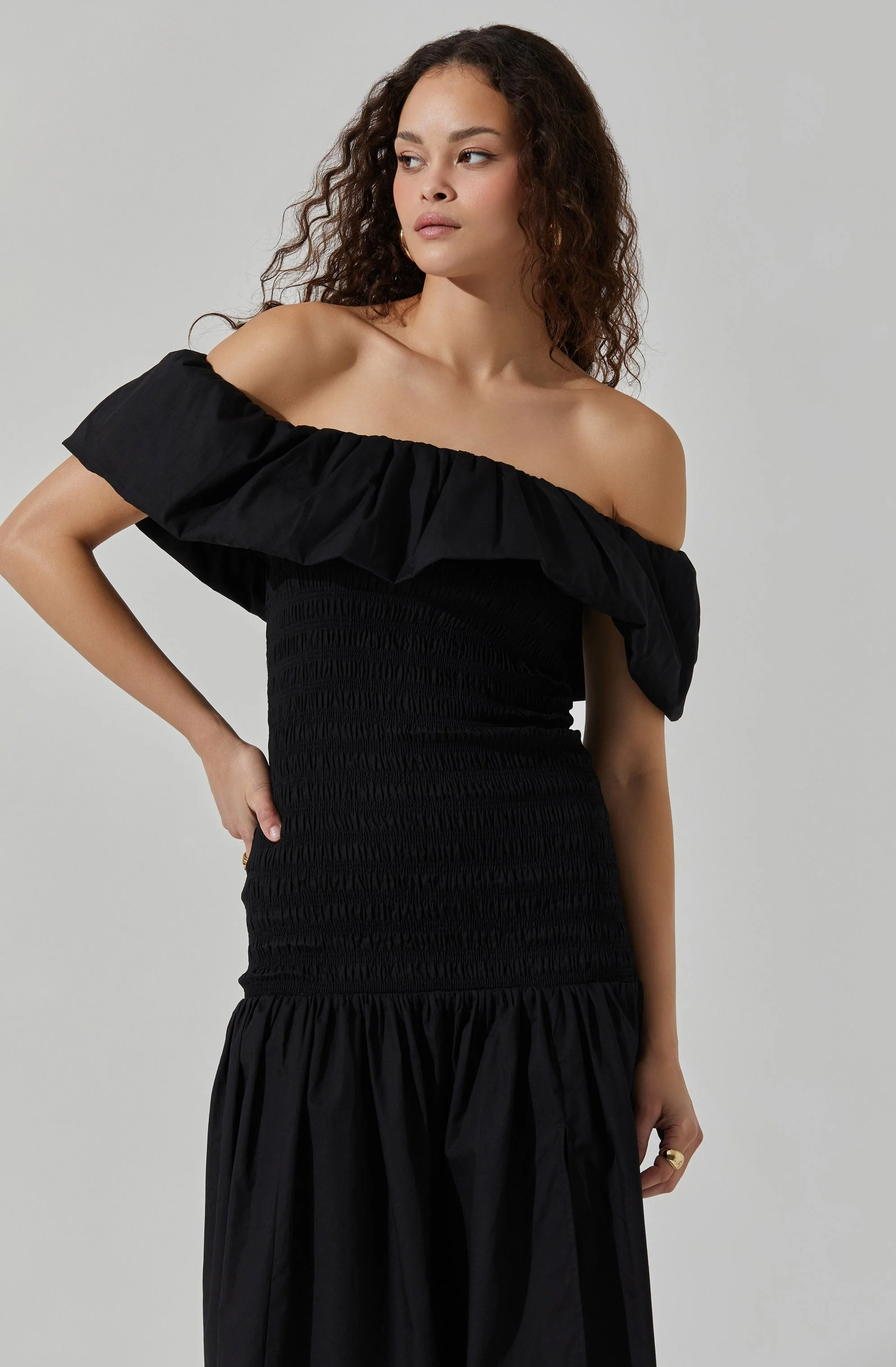Shirred Off Shoulder Ruffle Dress