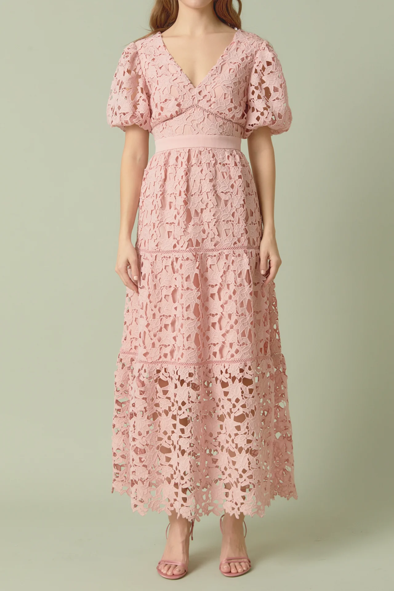 Puff Sleeve Lace Tiered Maxi Dress