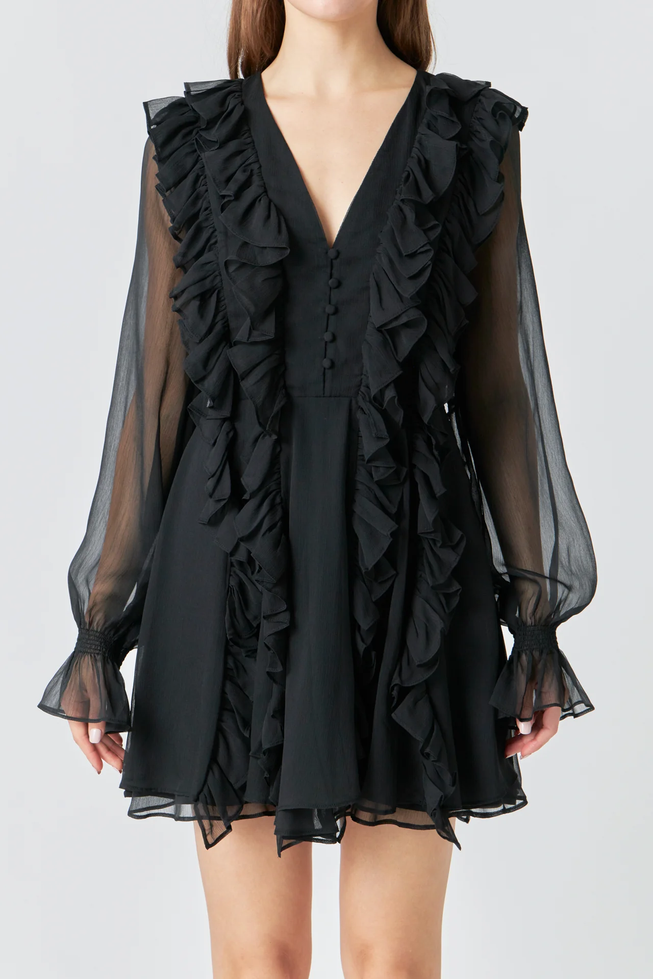 Chiffon Long-Sleeve Ruffle Mini Dress