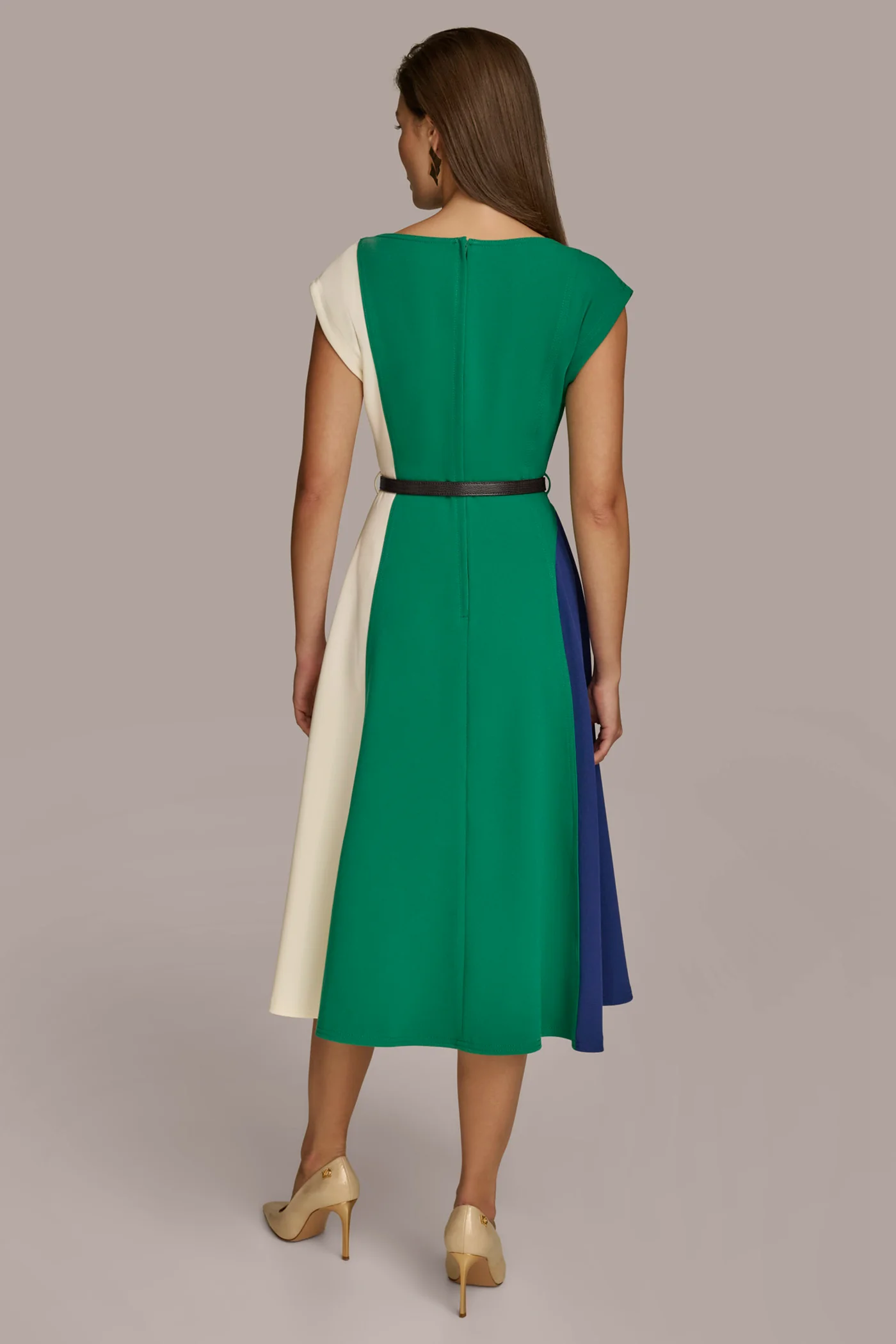 BELTED COLORBLOCK A LINE MIDI DRESS
