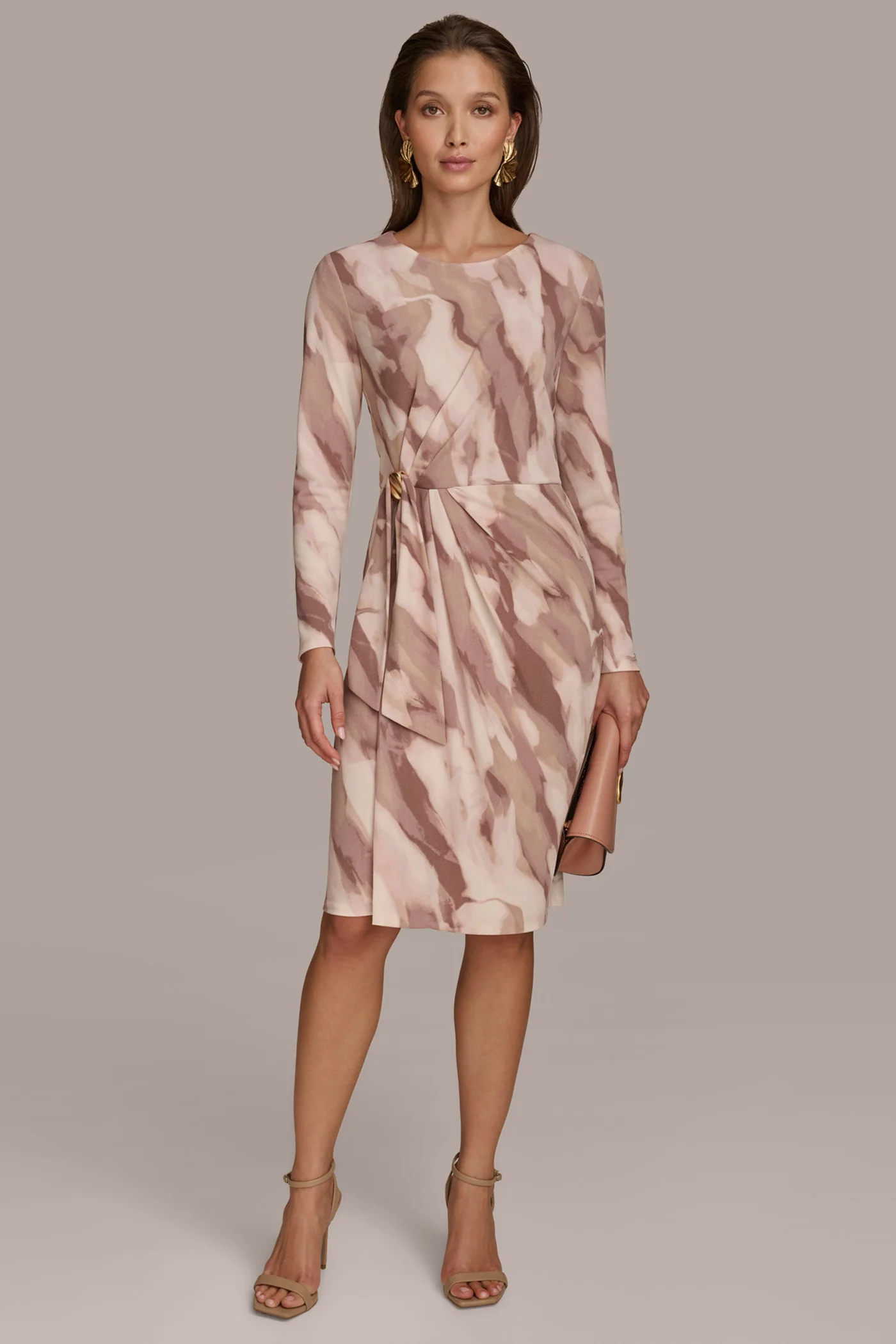 PRINTED LONG SLEEVE DRESS WITH HARDWARE