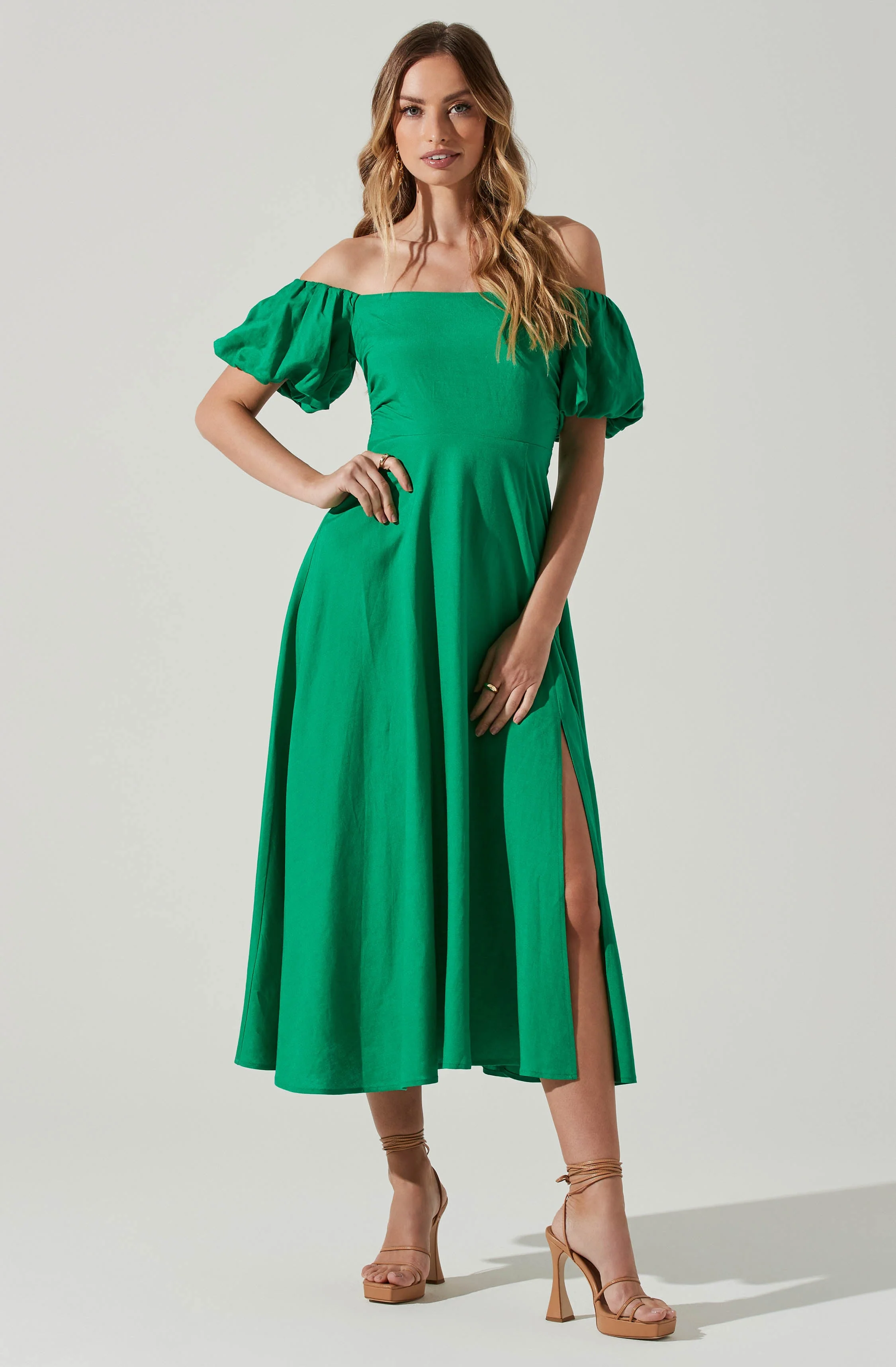 Off Shoulder Puff Sleeve Midi Dress