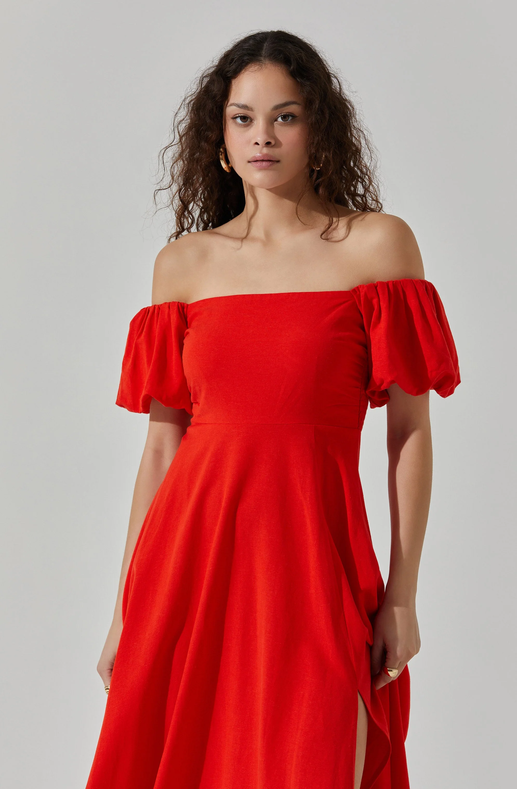 Off Shoulder Puff Sleeve Midi Dress