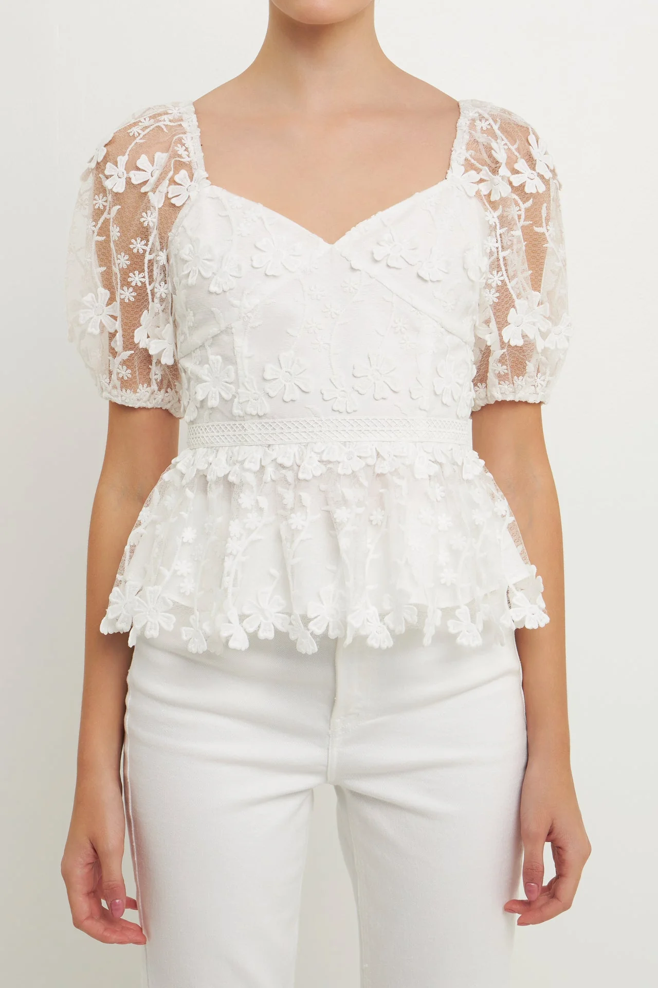 Floral Embroidered Lace Peplum Top