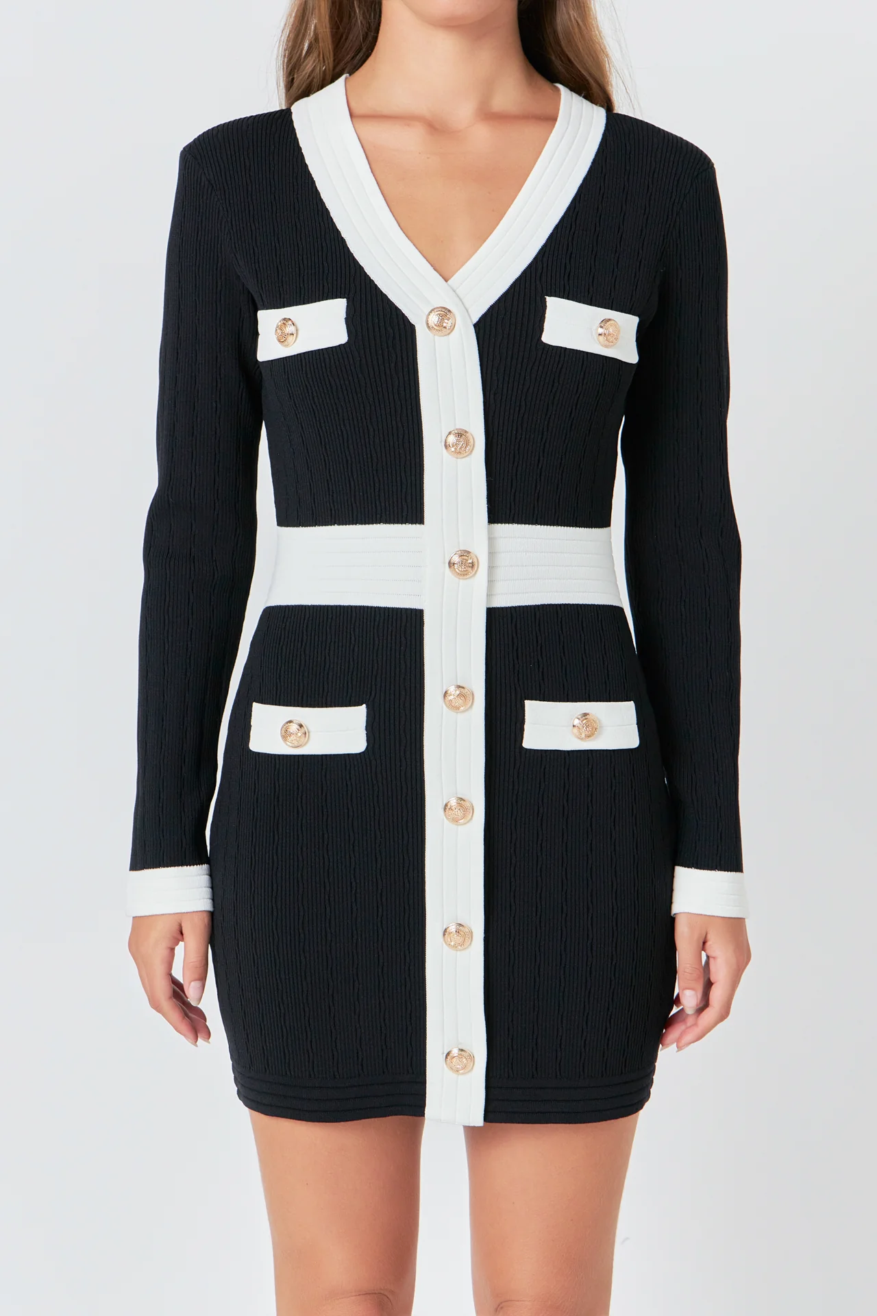 Contrast detail V-neck Knit Mini Dress