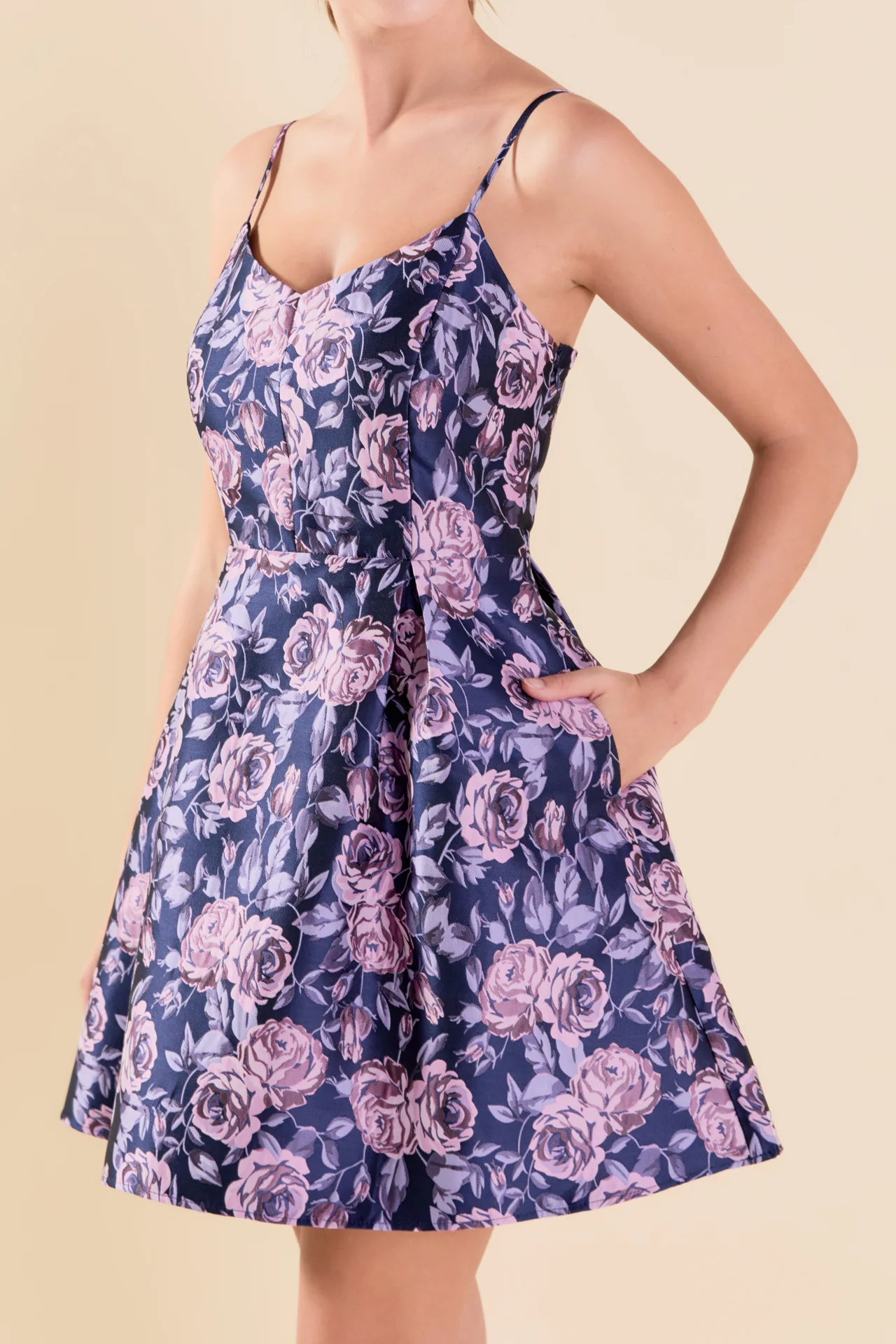 Floral Jacquard Sweetheart Neckline Mini Dress